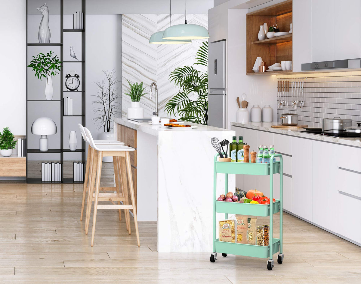 CAXXA 3-Tier Rolling Metal Storage Organizer - Mobile Utility Cart, Kitchen Cart with Caster Wheels