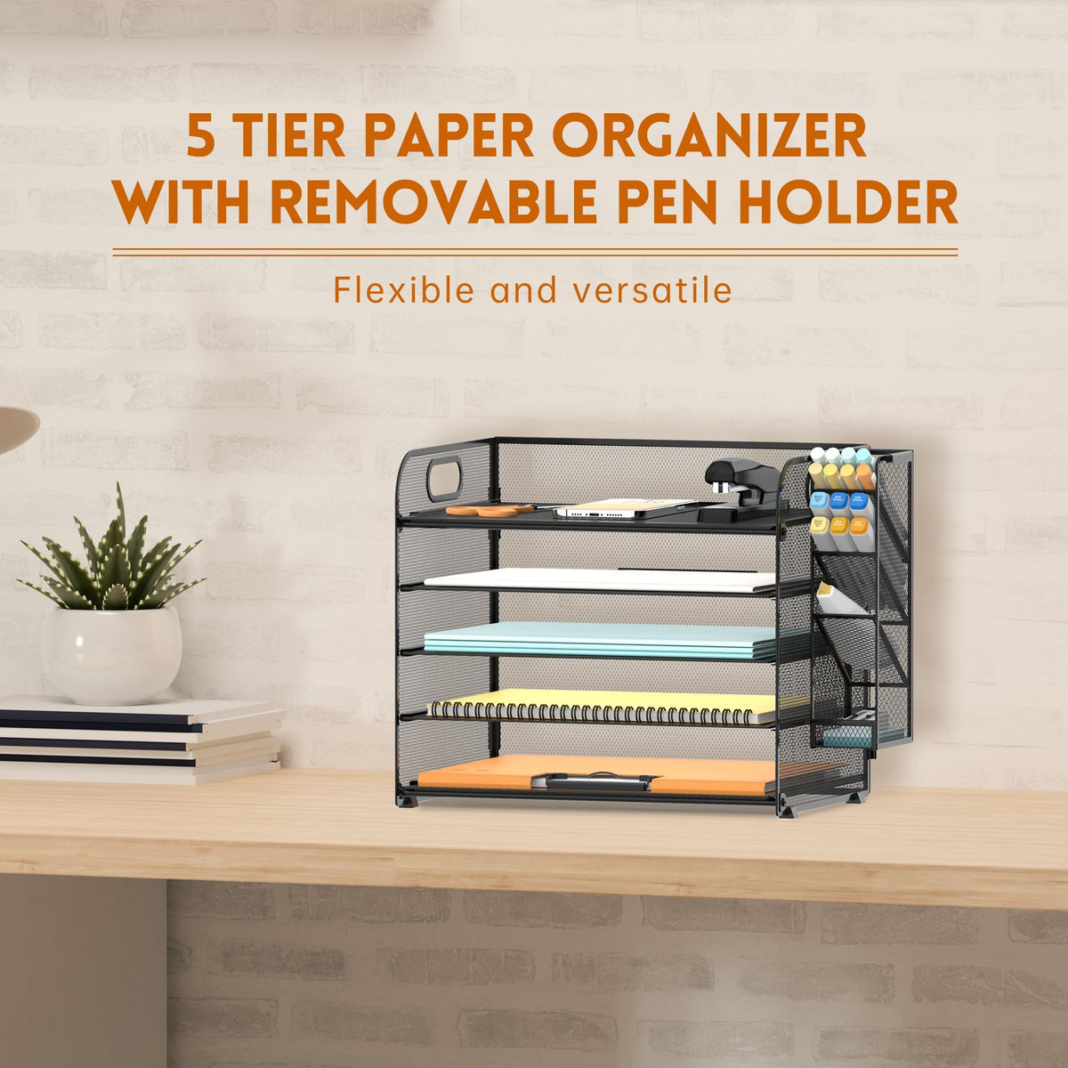 5-Tier Paper Organizer for Desk with Pen Holders, 2-Pack, Black