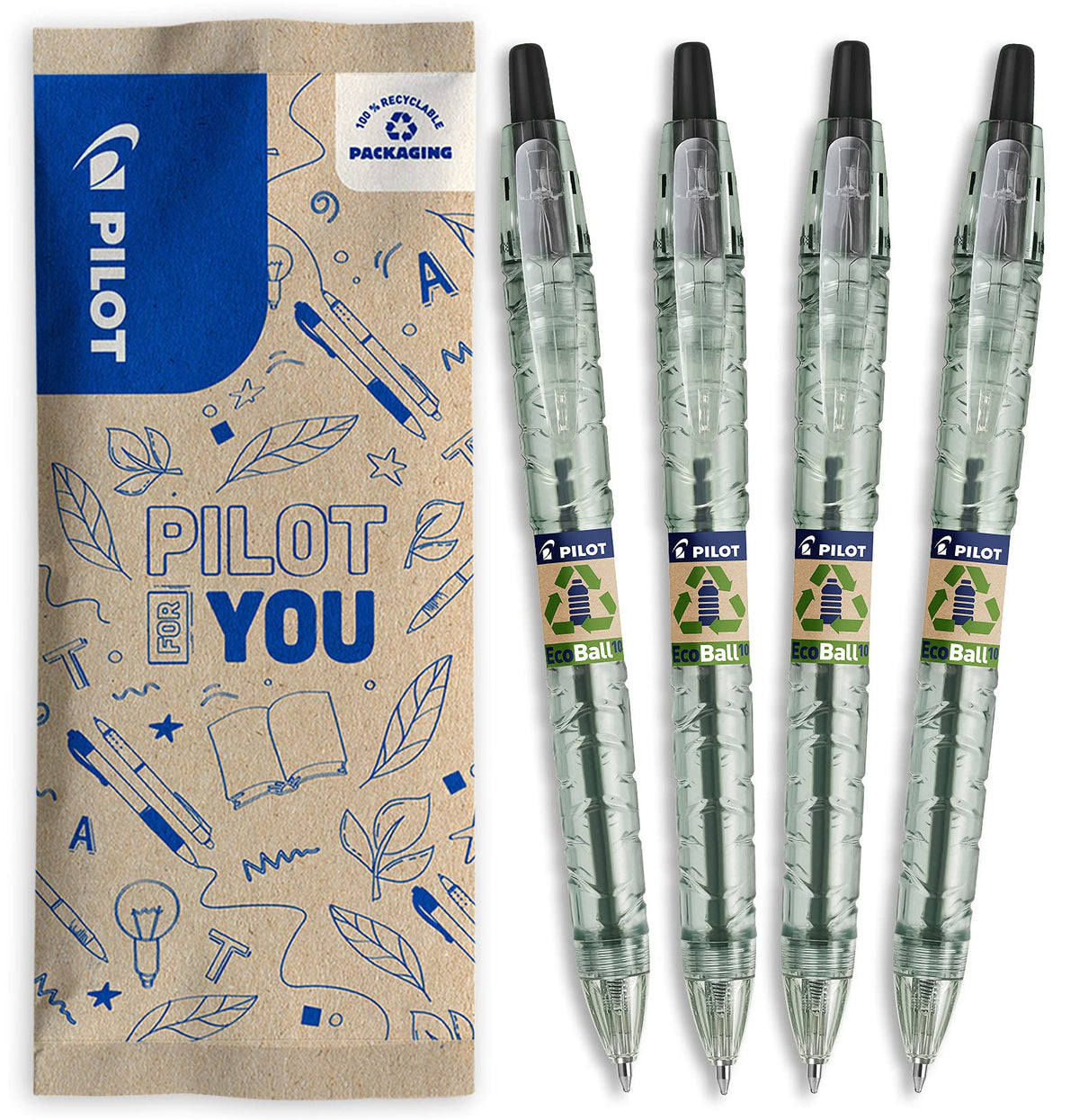 PILOT - Pack of 4 B2P Ecoball 1.0mm - Retractable and refillable ballpoint pen, made from recycled