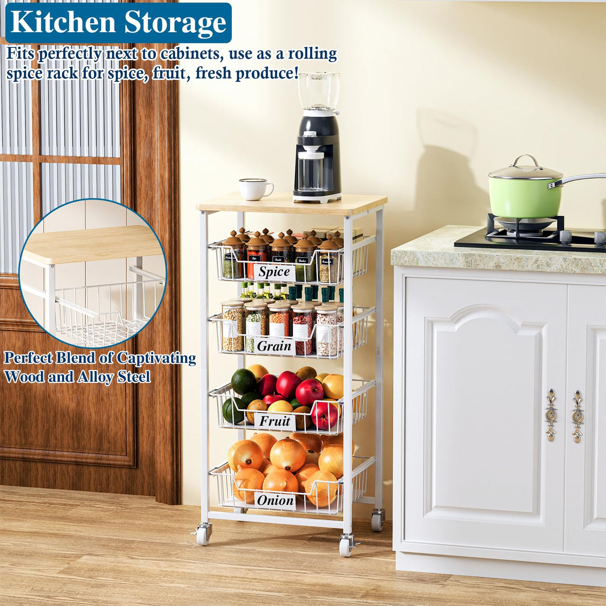 OKZEST 5-Tier Kitchen Storage Cart with 4 Upgraded Drawer Basket & Wood Top