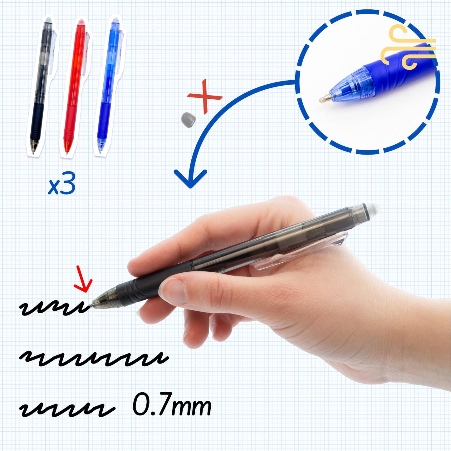 RAYLU PAPER - Retractable Erasable Pen, Gel Ink, 1.0mm Tip and 0.7mm Stroke (3 Colors)