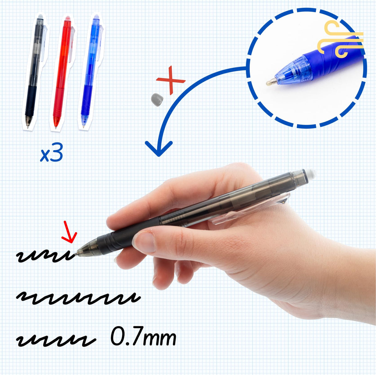 RAYLU PAPER - Retractable Erasable Pen, Gel Ink, 1.0mm Tip and 0.7mm Stroke (3 Colors)