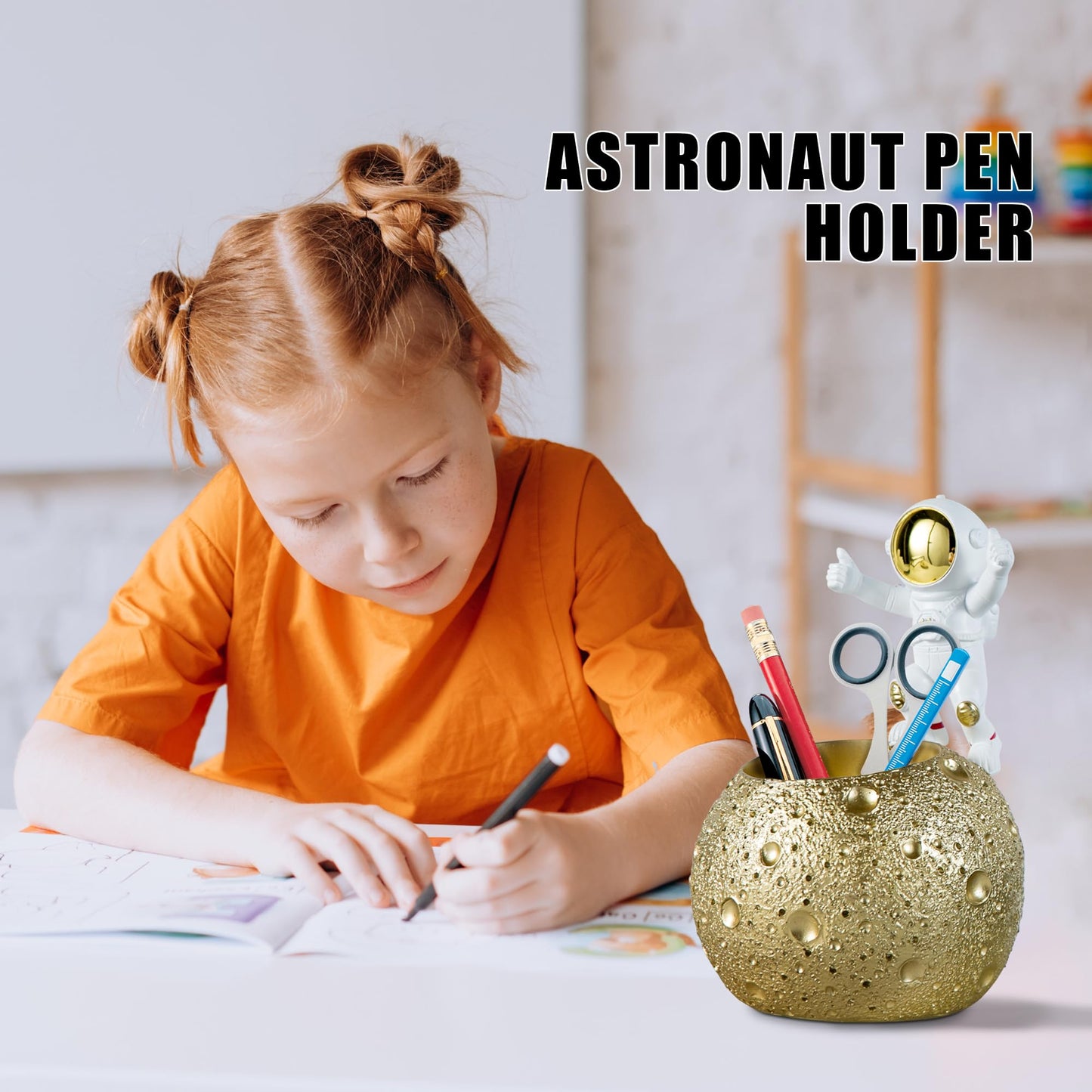 Kimdio Pen Holder, Astronaut Stand for Desk Pencil Holder, Resin Desk Moon Organizer Decorative