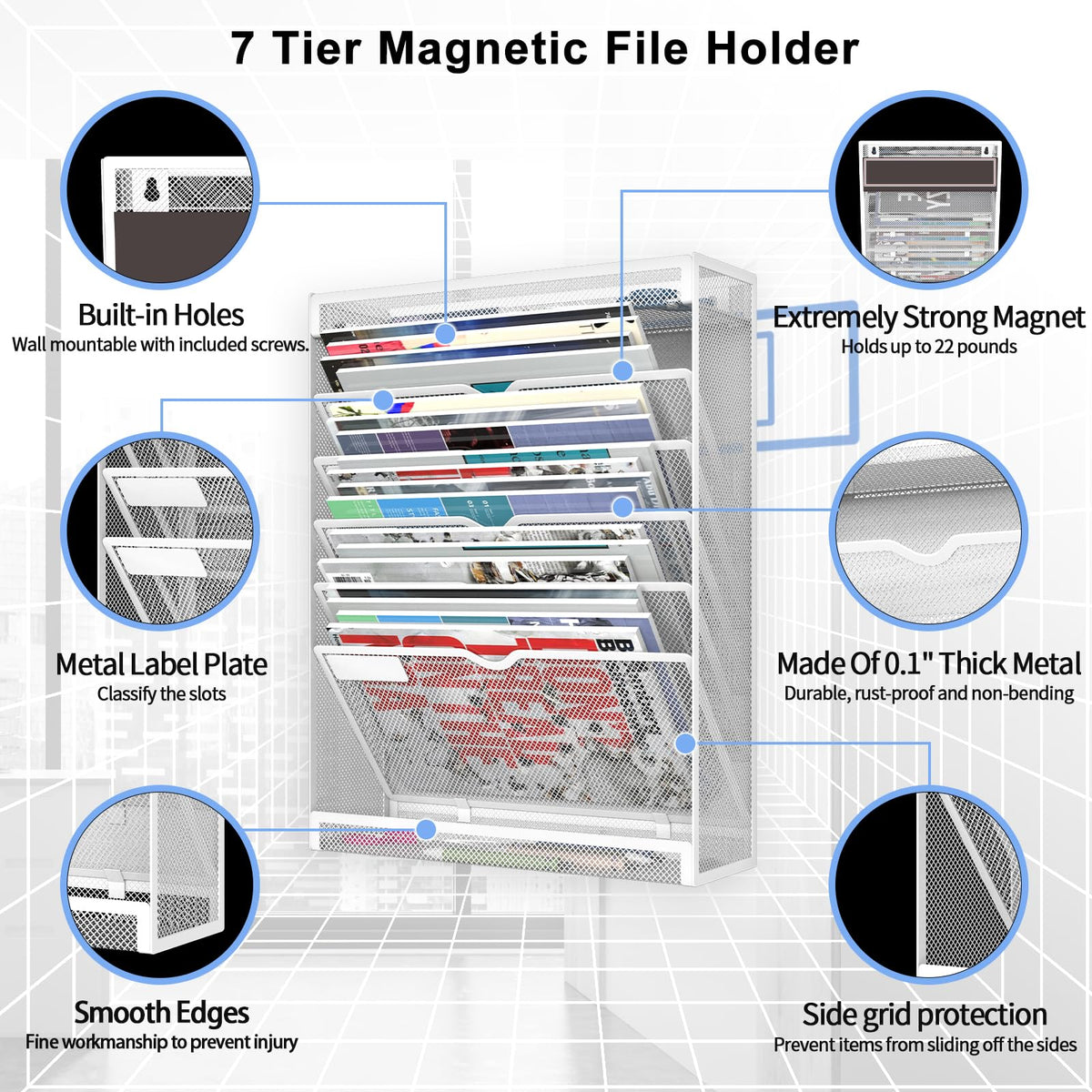 LQPAFZ 7 Tier Magnetic File Holder, No Drilling Wall File Organizer for File Cabinets Whiteboard