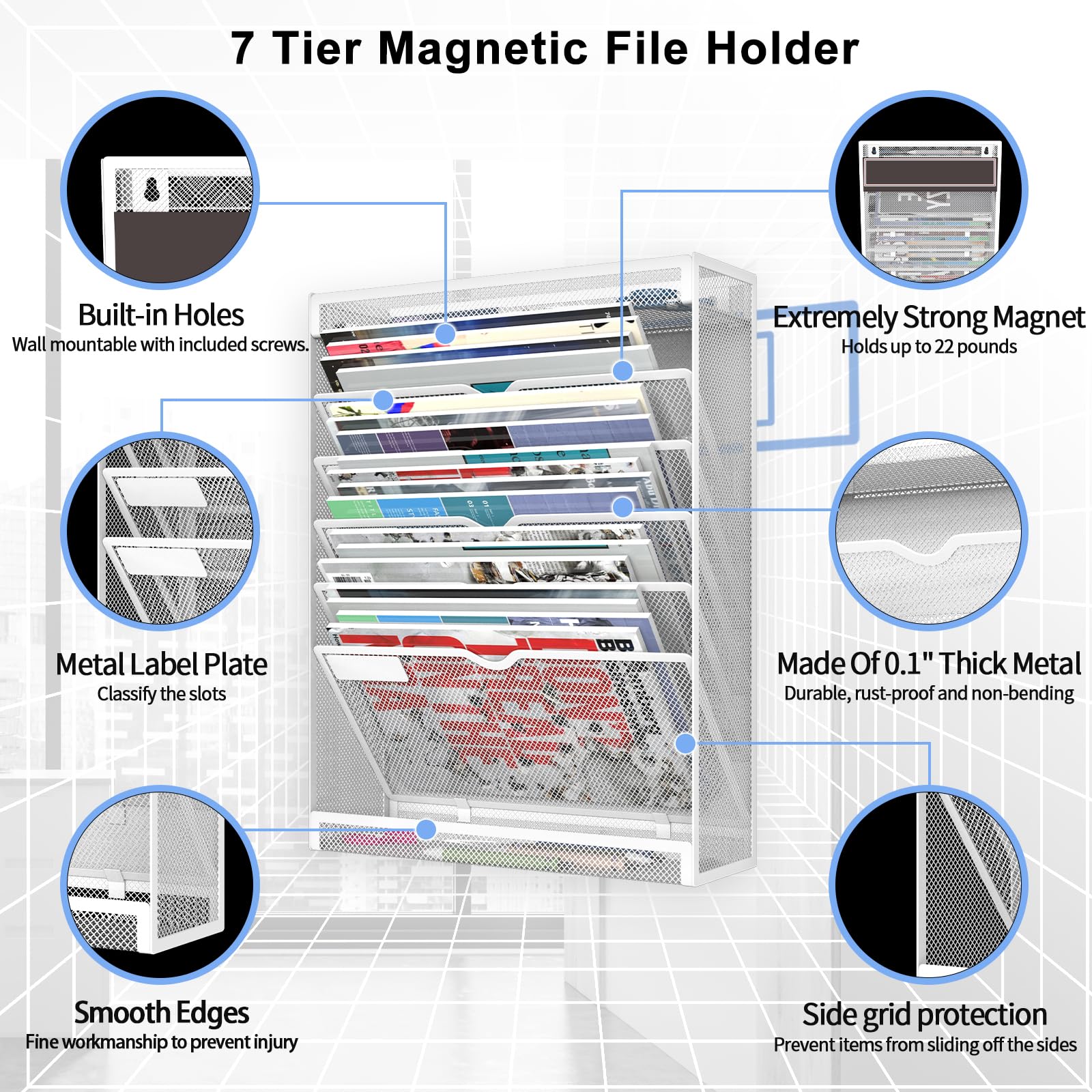 LQPAFZ 7 Tier Magnetic File Holder, No Drilling Wall File Organizer for File Cabinets Whiteboard