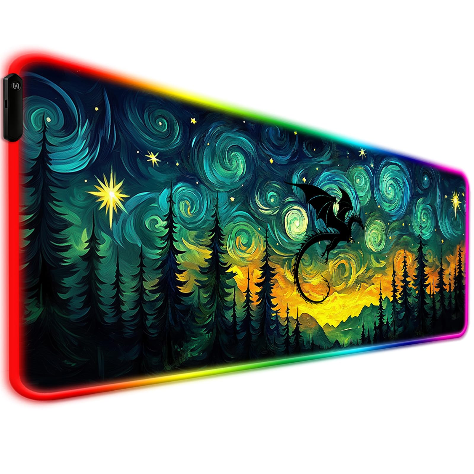 JIANG100 RGB Starry Night Forest Dragon Gaming Desk Mat & Mouse Pad, XL