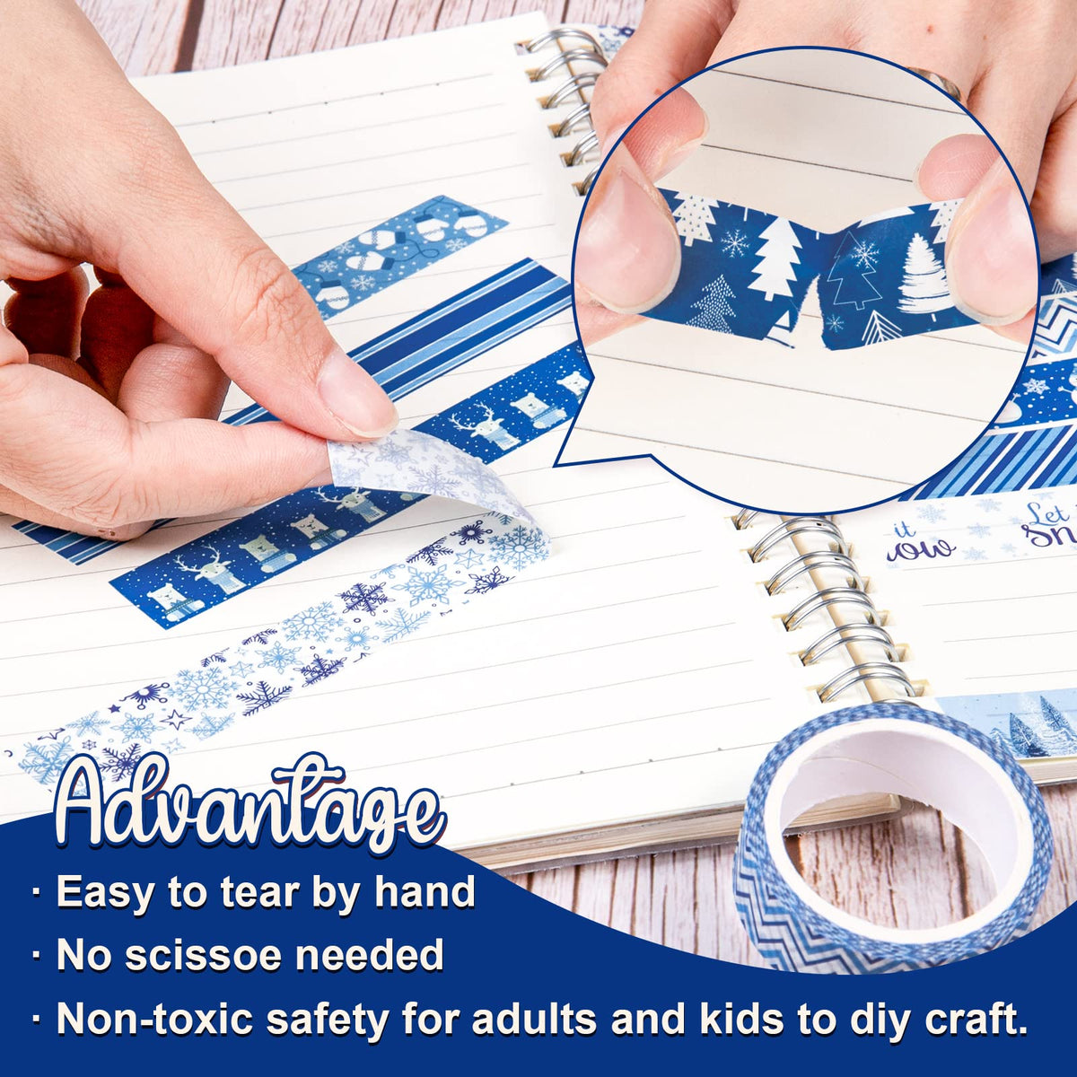 Whaline 12 Rolls Winter Washi Tape Blue White Snowflake Snowman Holiday Masking Tape Xmas Tree