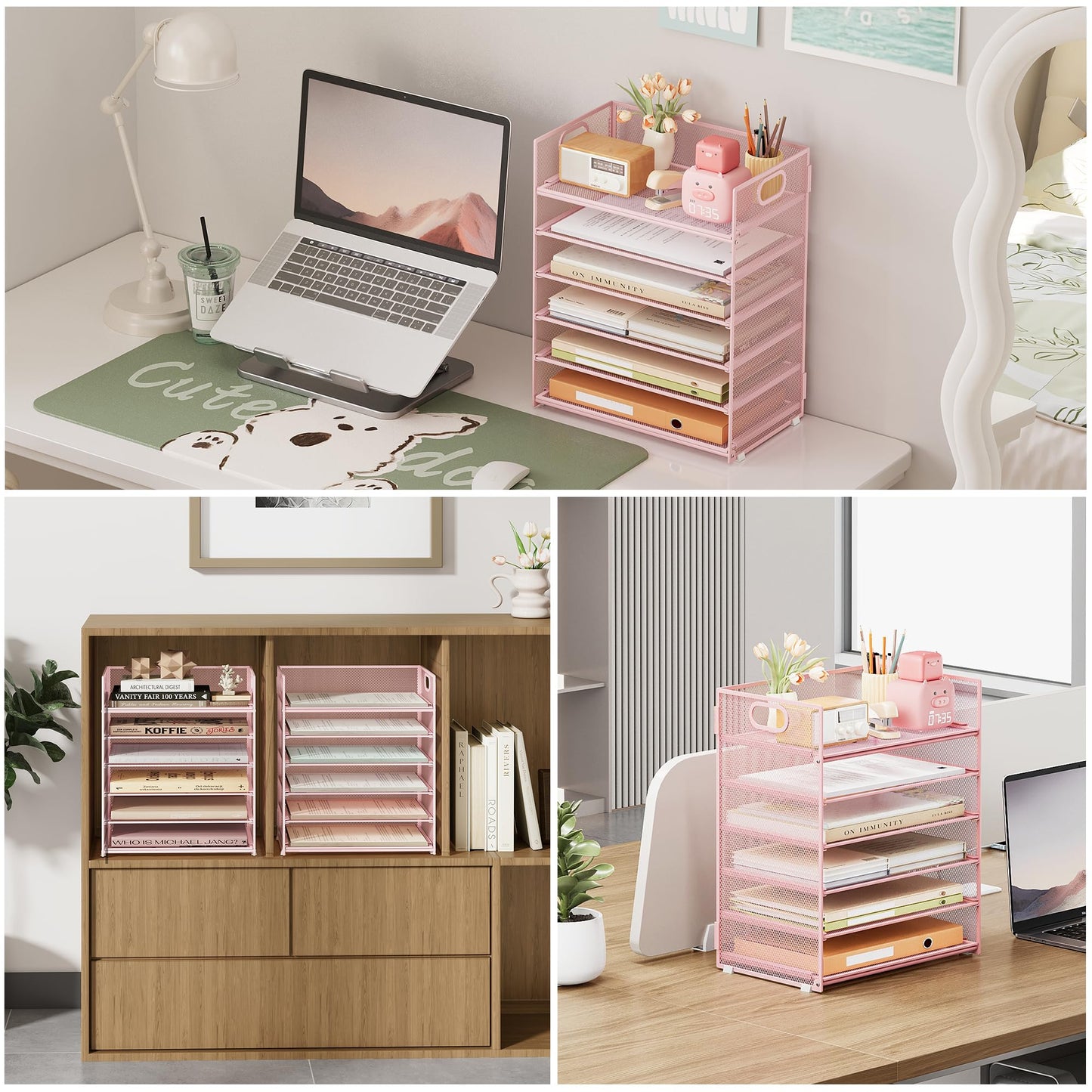 Subekyu 6 Tier Office File Paper Desk Tray Organizer with Handle, Stackable Slide Mesh Letter Tray