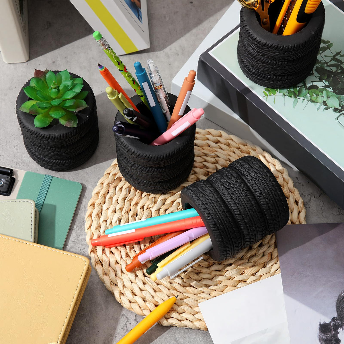 Crtiin 4 Pcs Tire Shaped Pen Holder, Car Tire Pencil Holder Organizer