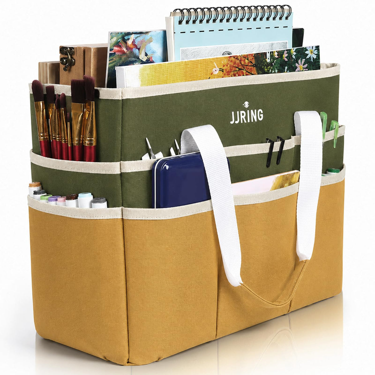 JJRING Craft Organizer Tote Bag Large Art Storage Caddy Dark Green&Brown