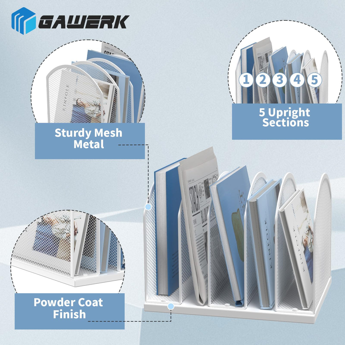Gawerk 5-Section Vertical Desktop Organizer, 6-Section Mesh File Folder Stand Sorter for Office