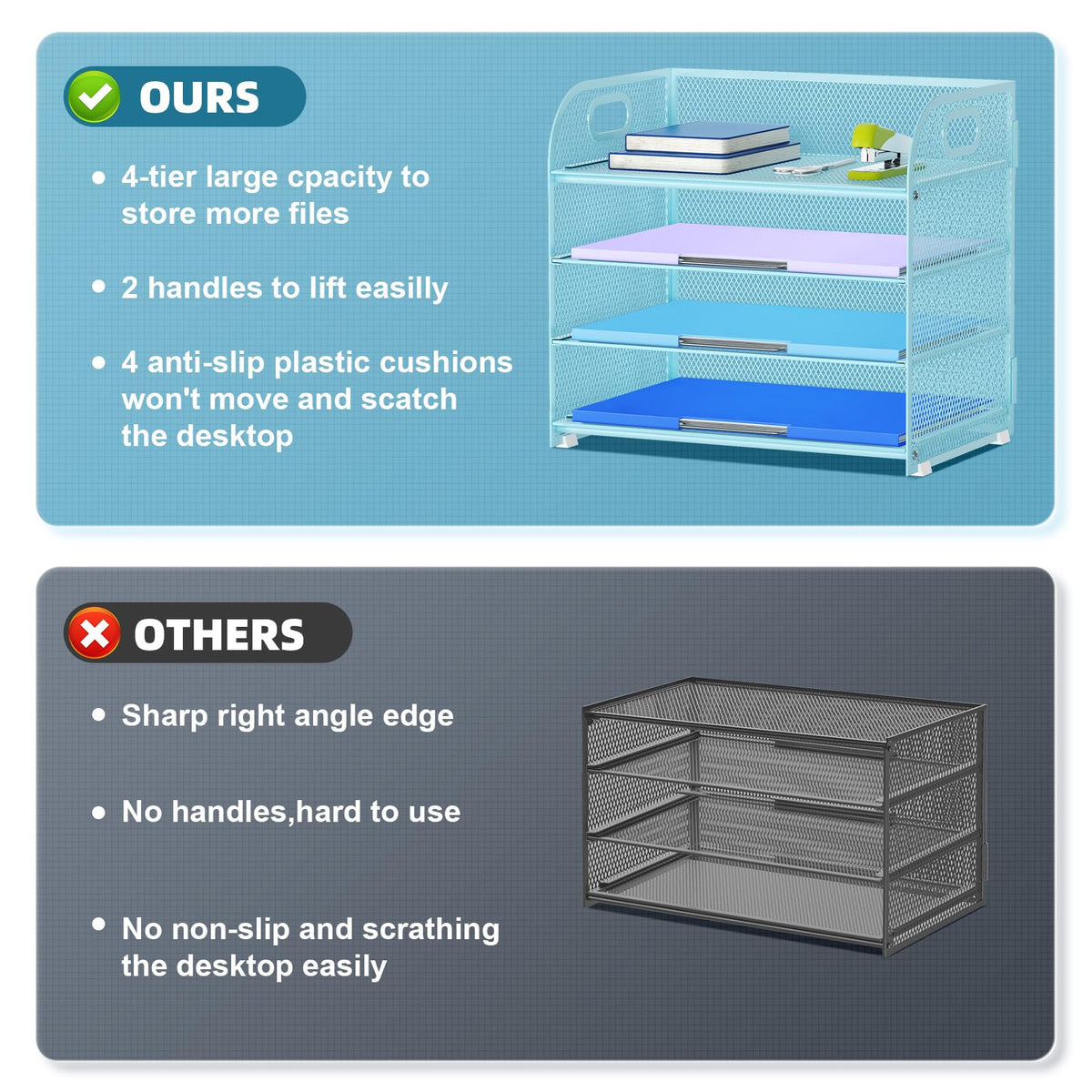 Marbrasse 4 Tier Paper Organizer Letter Tray - Mesh Desk File Organizer with Handle, Paper Sorter