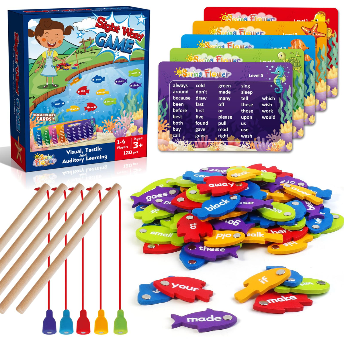 SpringFlower Wooden Magnetic Sight Word Fishing Game, Sight Word Educational Toy for Age of 3,4,5,6