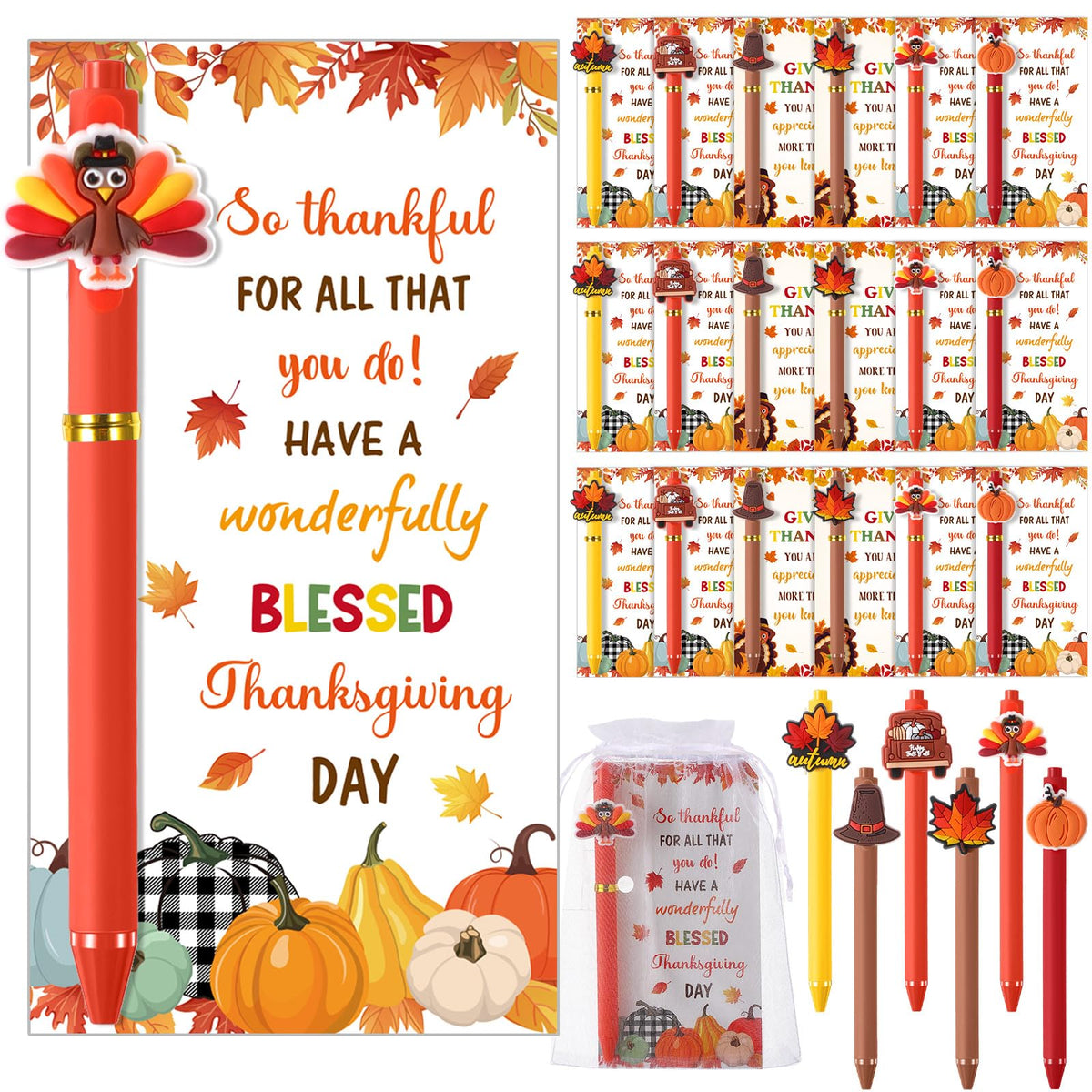 Marspark 30 Sets Fall Gifts Bulk Thanksgiving Ballpoint Pens and Cards