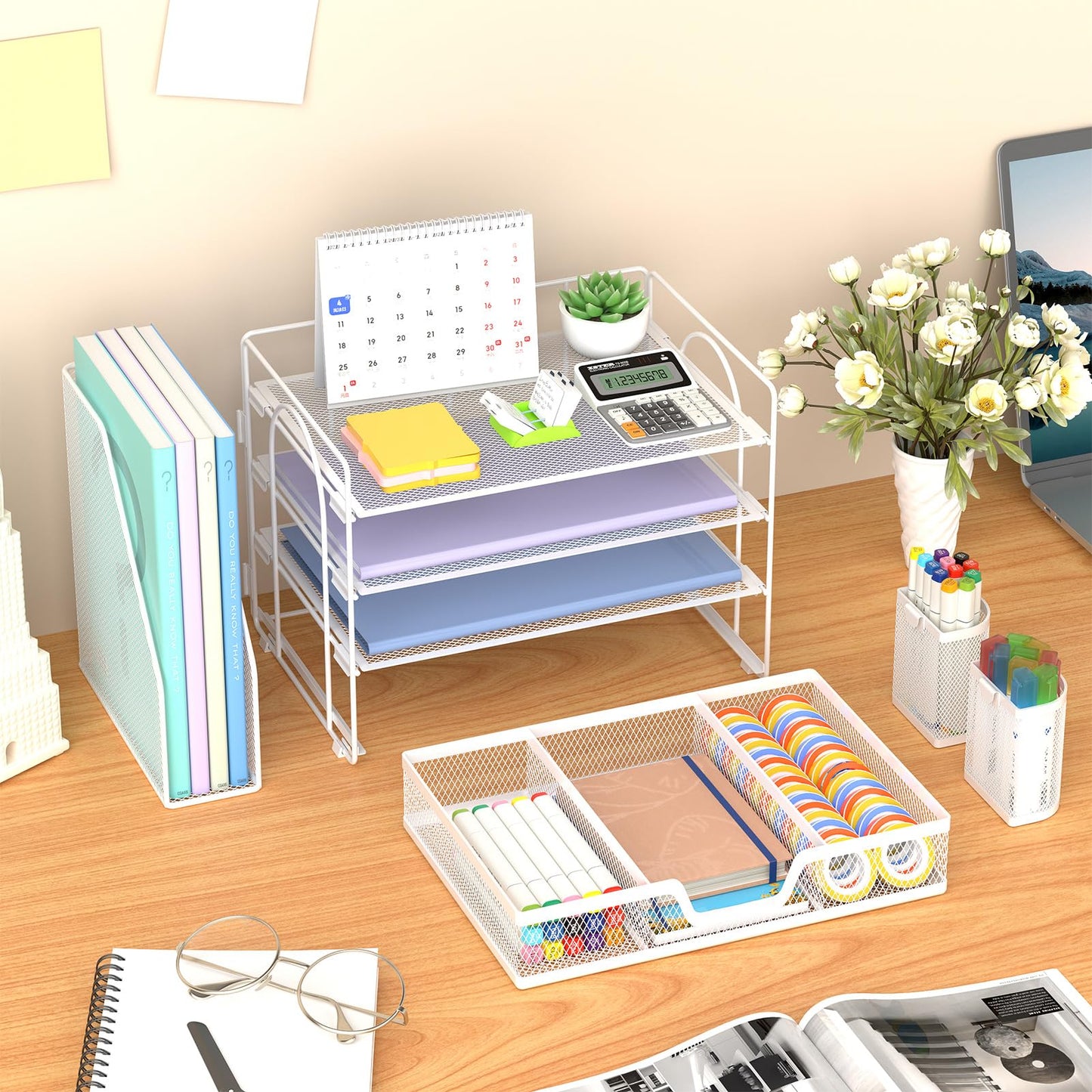 Marbrasse 4-Tier Paper Tray Organizer with Drawer and Pen Holder, White