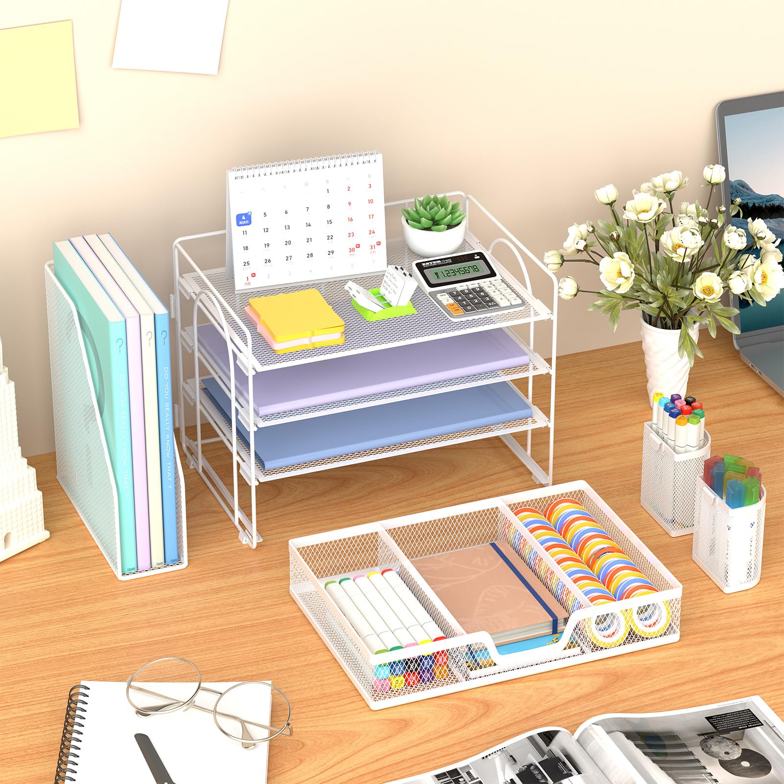 Marbrasse 4-Tier Paper Tray Organizer with Drawer and Pen Holder, White