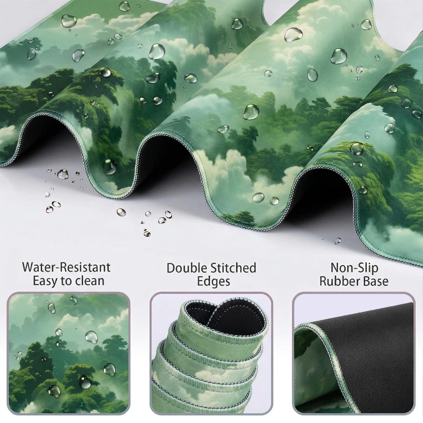 Green Cloud Mouse Pad and Keyboard Wrist Rest 4PCS Extended Forest Mountain Aesthetic Large Desk