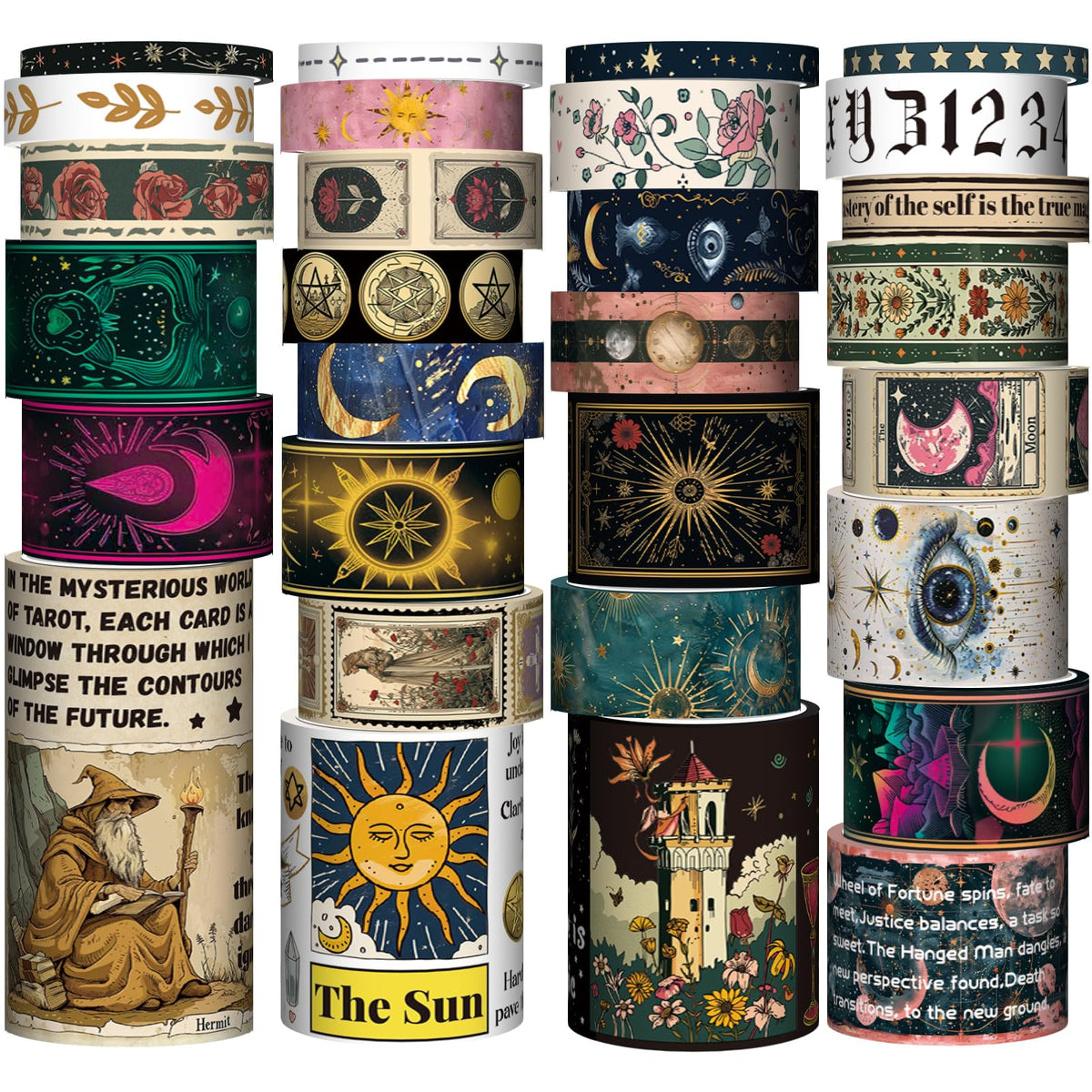 29 Rolls Washi Tape Set - Tarot Theme Decorative Masking Tape Colored Patterns, Vintage Adhesive