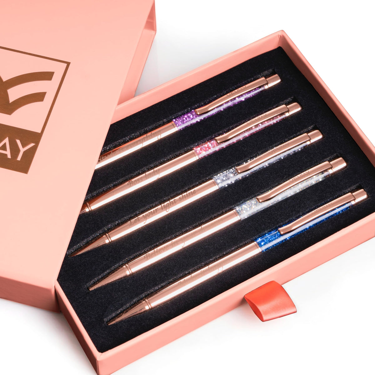Veway Luxury Pens for Women, 5 Glitter Rose Gold Writing Pens, Black Ink