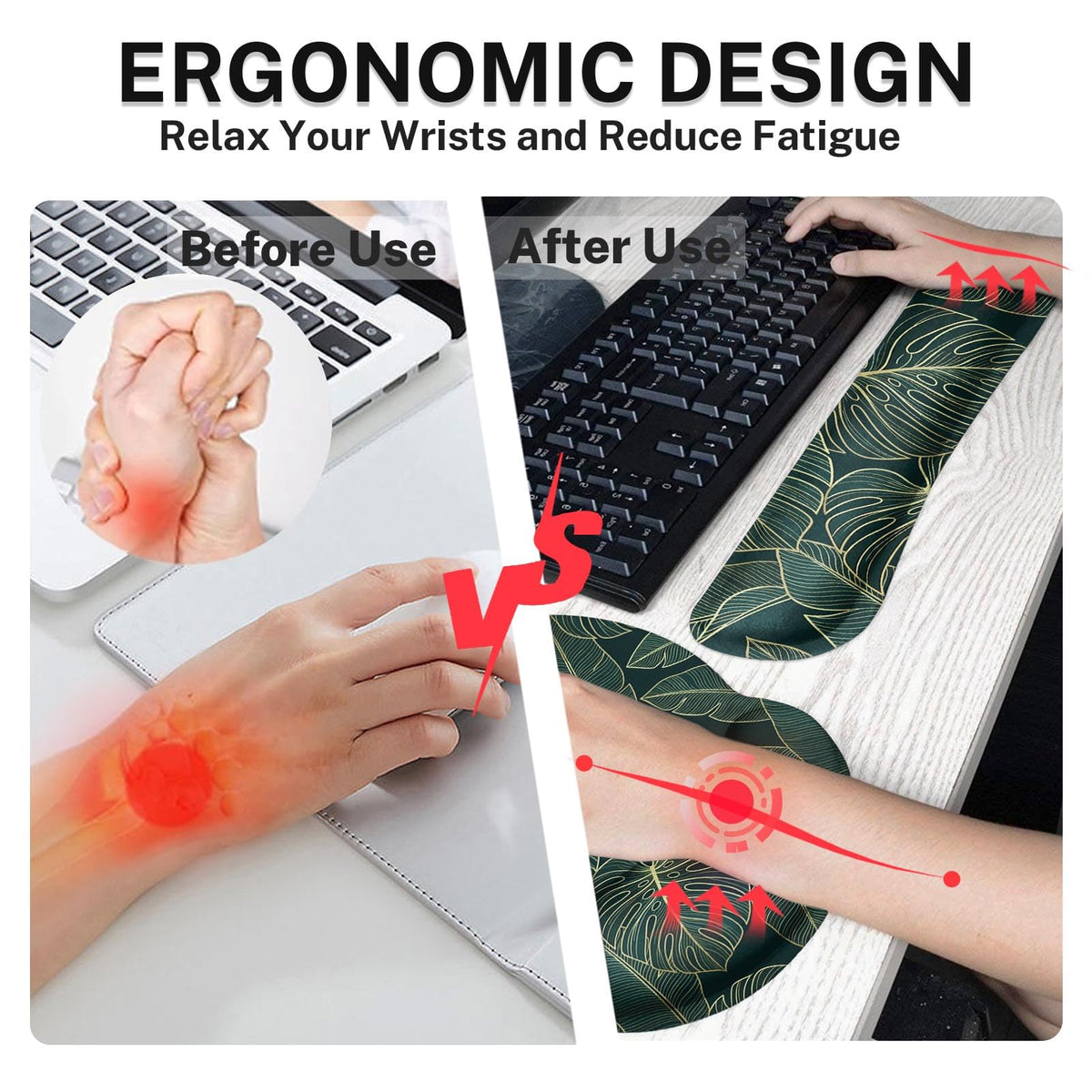 Britimes Ergonomic Mouse Pad Set with Wrist Rest, Green Palm Leaves