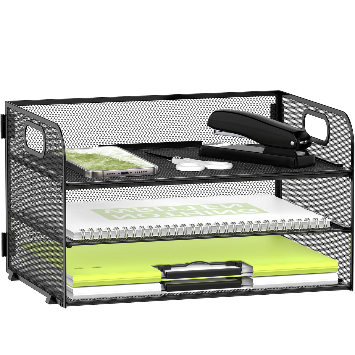 DALTACK 3 Tier Paper Organizer for Desk, Sliding Paper Trays, Black