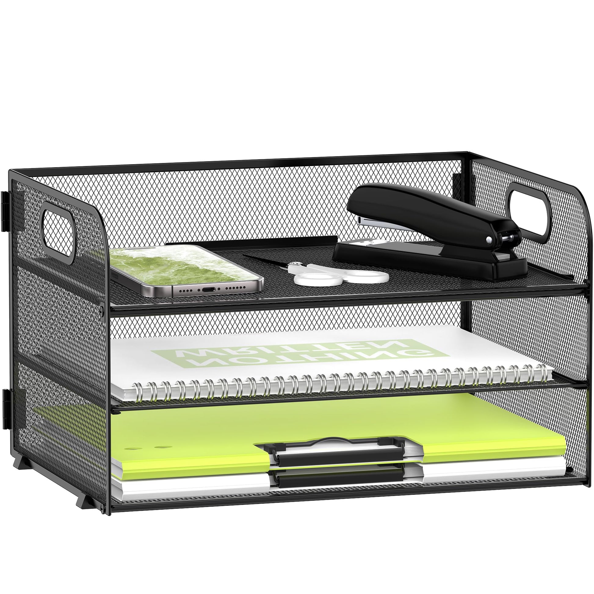 DALTACK 3 Tier Paper Organizer for Desk, Sliding Paper Trays, Black