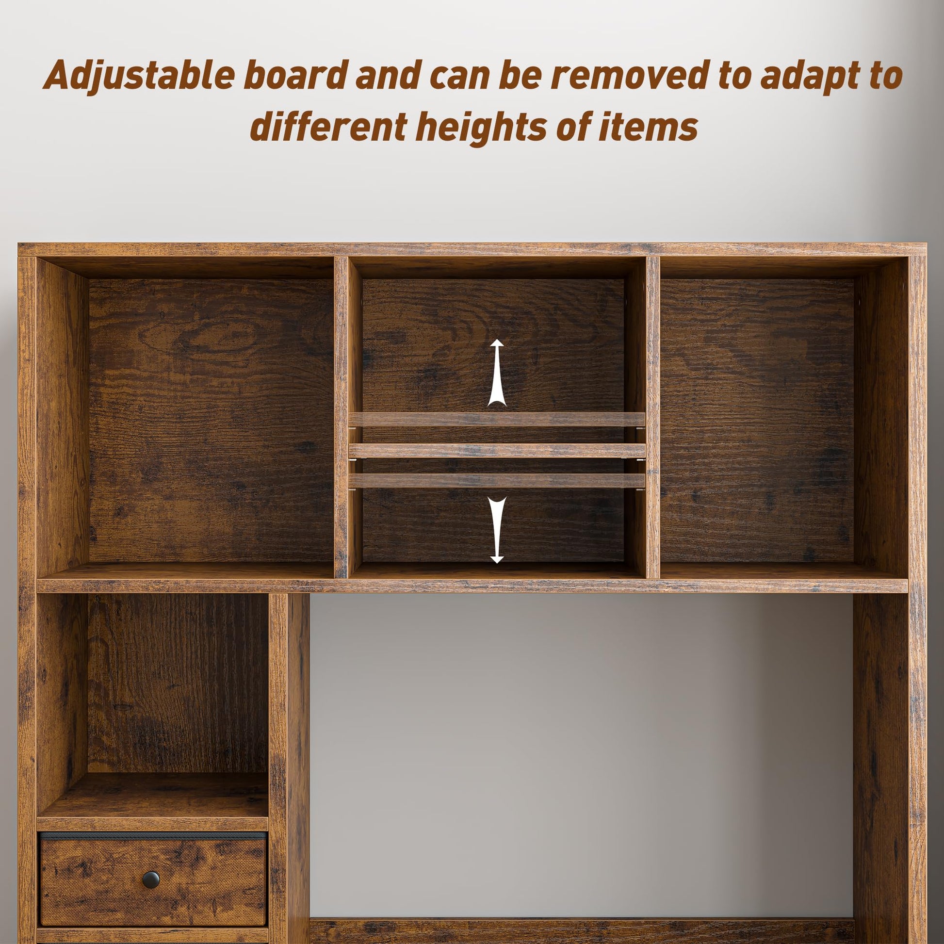 REIBII Desktop Bookshelf, 8 Shelves Desk Hutch for Dorm Room, Rustic Brown