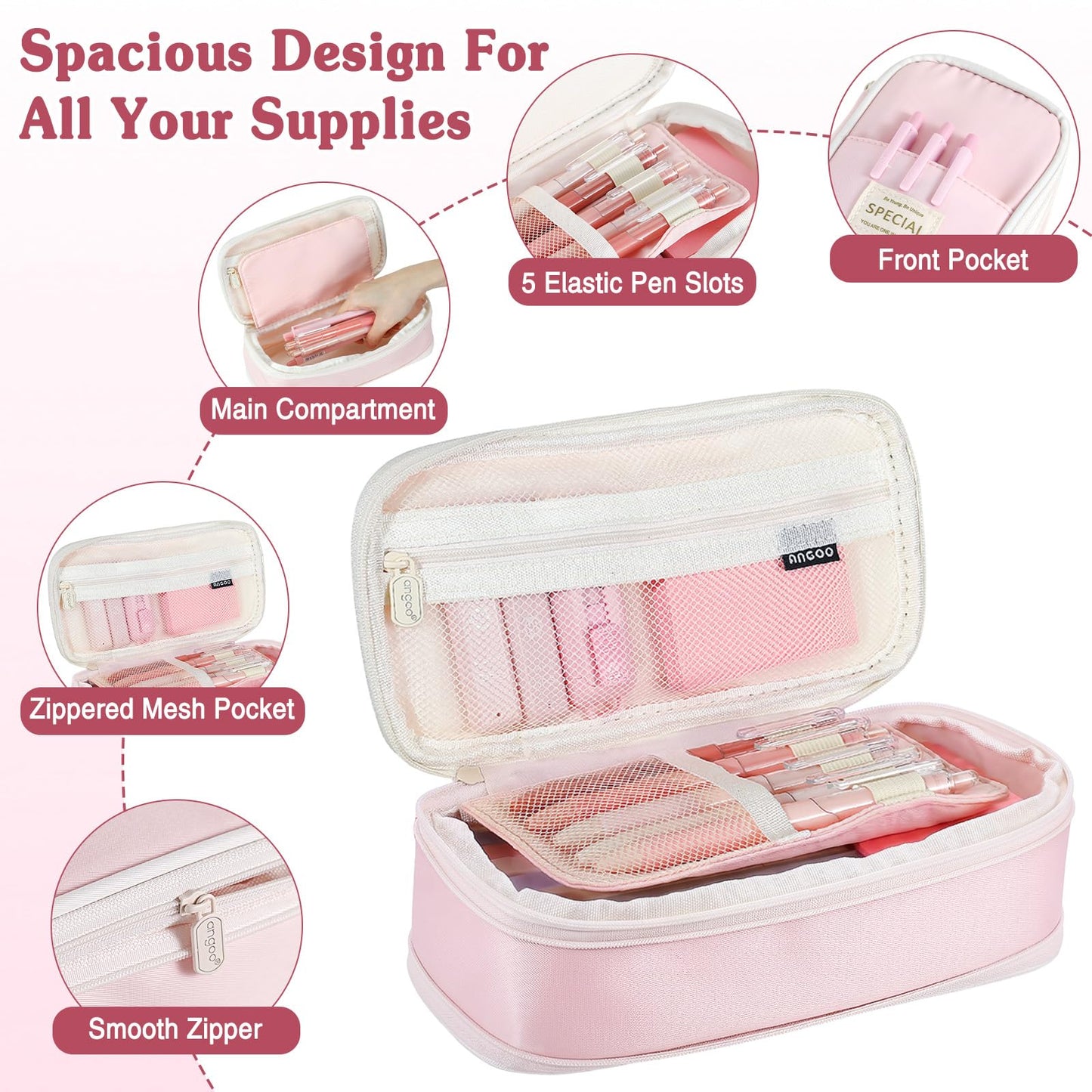 MoKo Pencil Case with Supplies, 49Pcs Aesthetic School Set, Pink