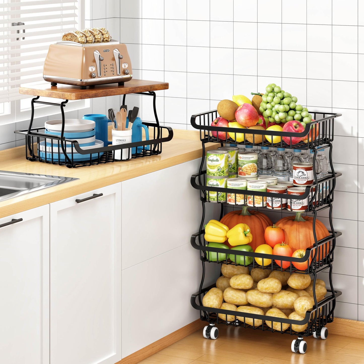 6 Tier Pantry Organizers and Storage Vegetable Fruit Basket for Kitchen, Stackable Flexible Design