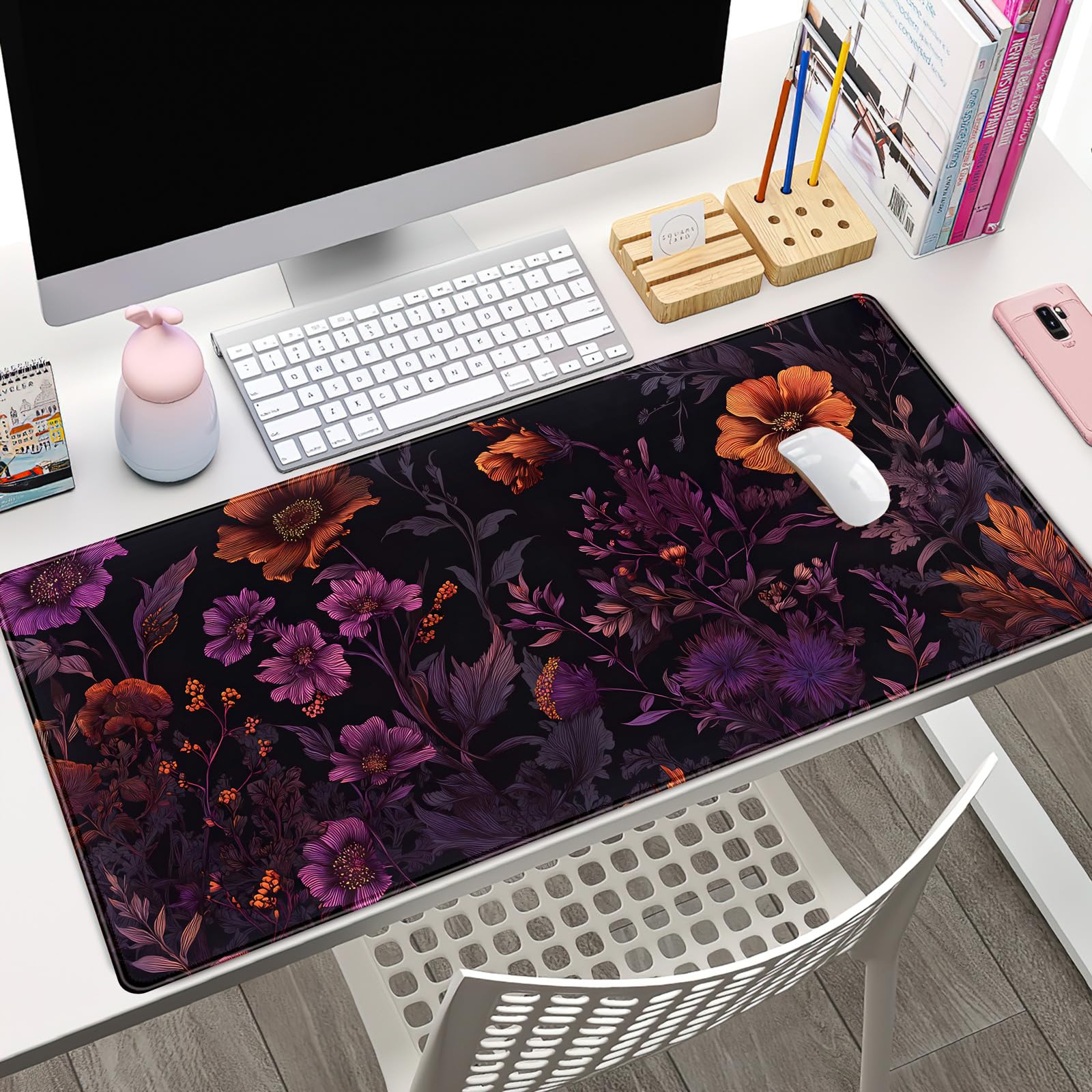 Cottagecore Desk Mat Floral Dark Purple Mouse Pad XXL Botanical Flower Large Gaming Mousepad