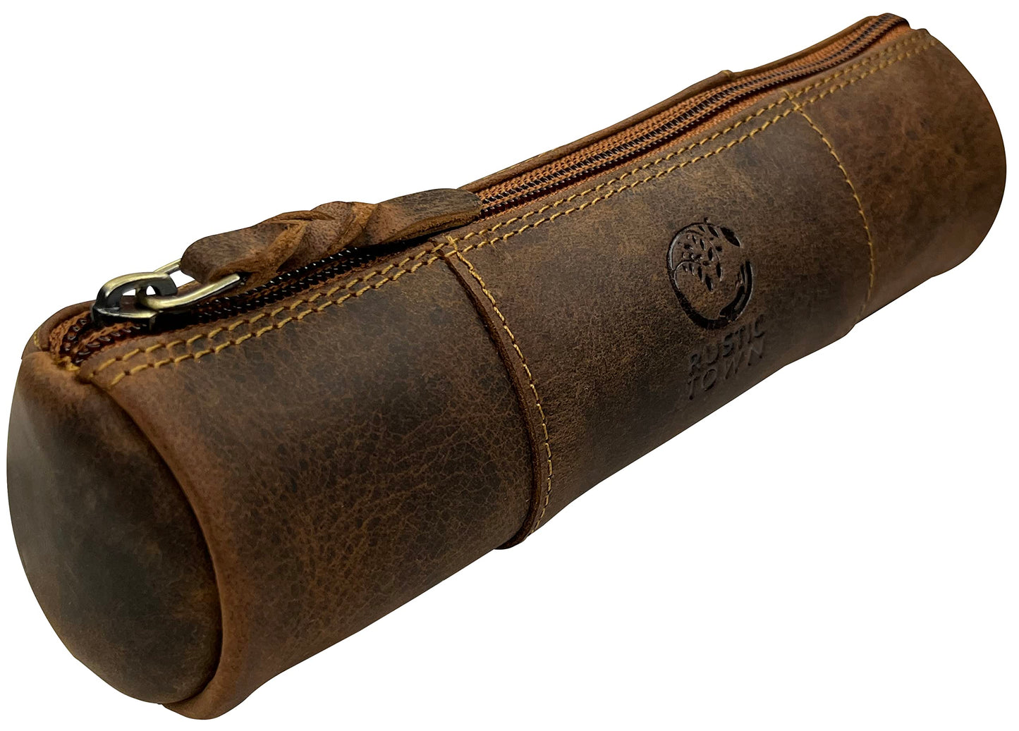 Rustic Town Leather Pencil Case - Full Grain Leather Zippered Pen Pouch - Stationery Bag Pen Holder