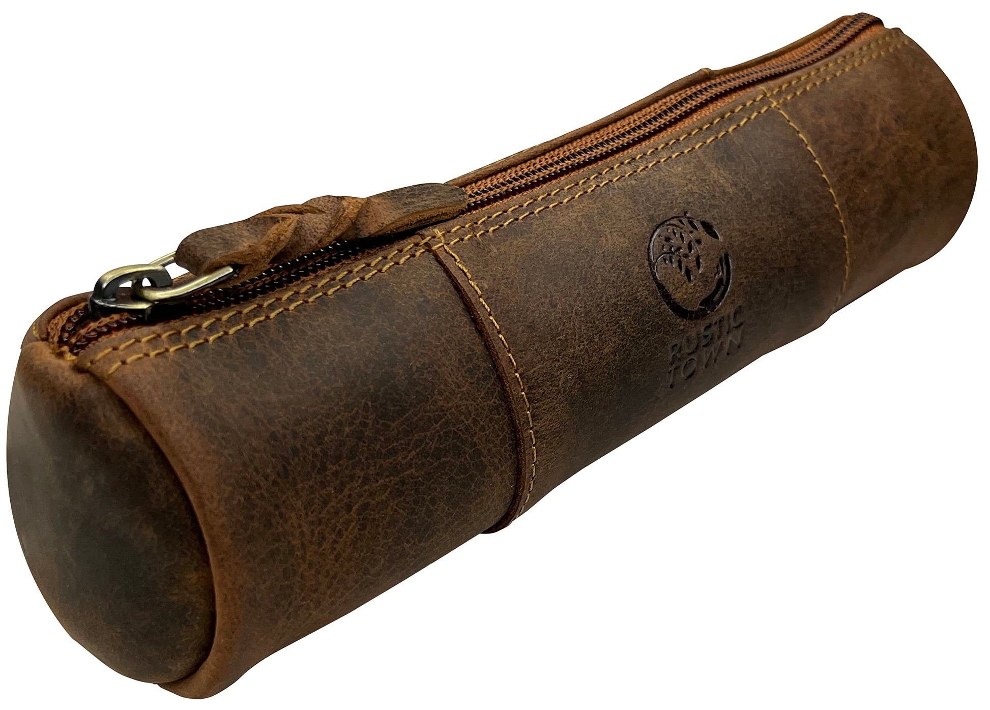 Rustic Town Leather Pencil Case - Full Grain Leather Zippered Pen Pouch - Stationery Bag Pen Holder