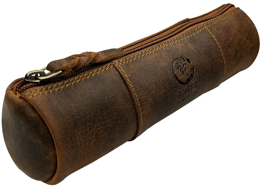 Rustic Town Leather Pencil Case - Full Grain Leather Zippered Pen Pouch - Stationery Bag Pen Holder