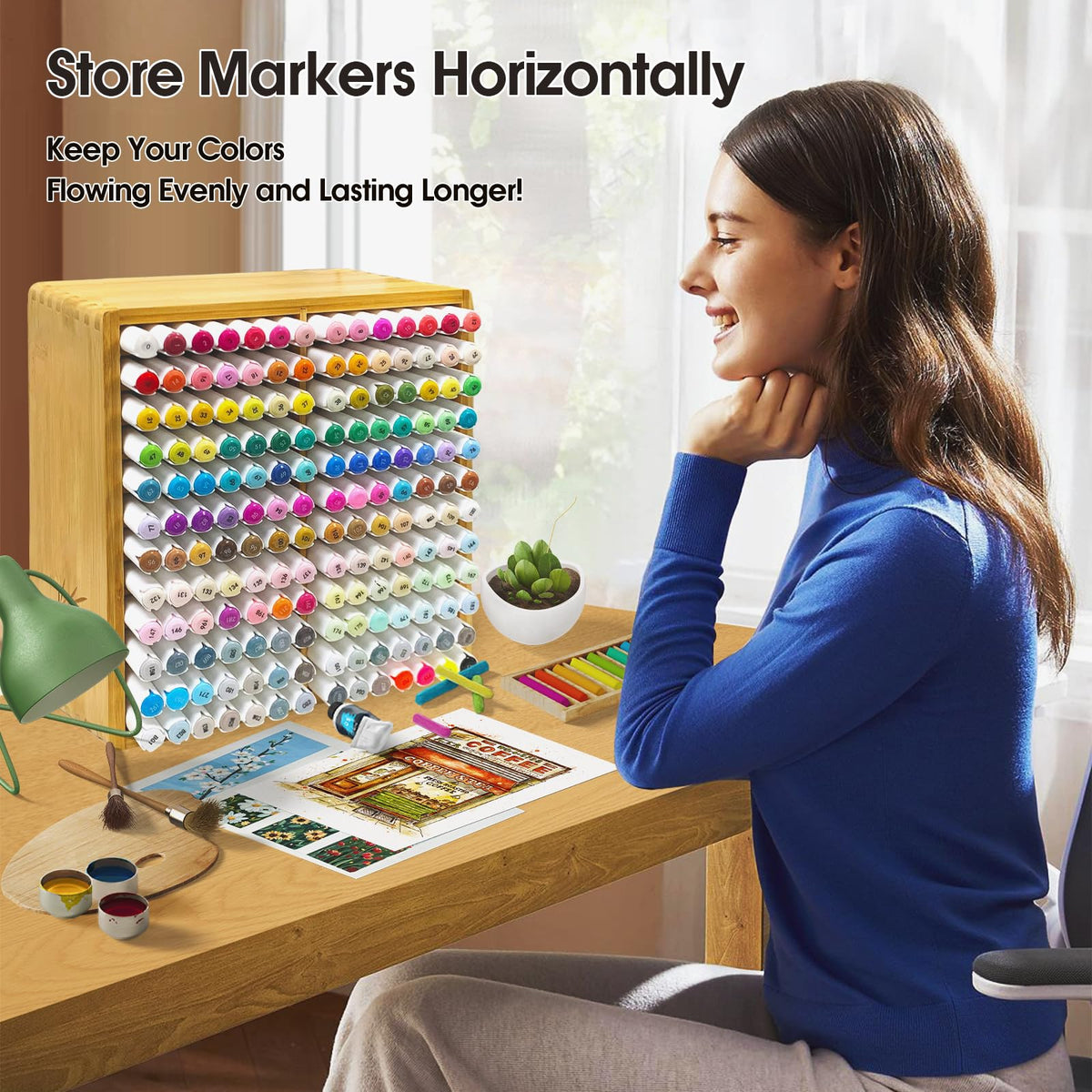 TIKSPCAE Marker Organizer for 168 Markers,Bamboo Wooden Desk Storage Organizer Rack,Markers Pens
