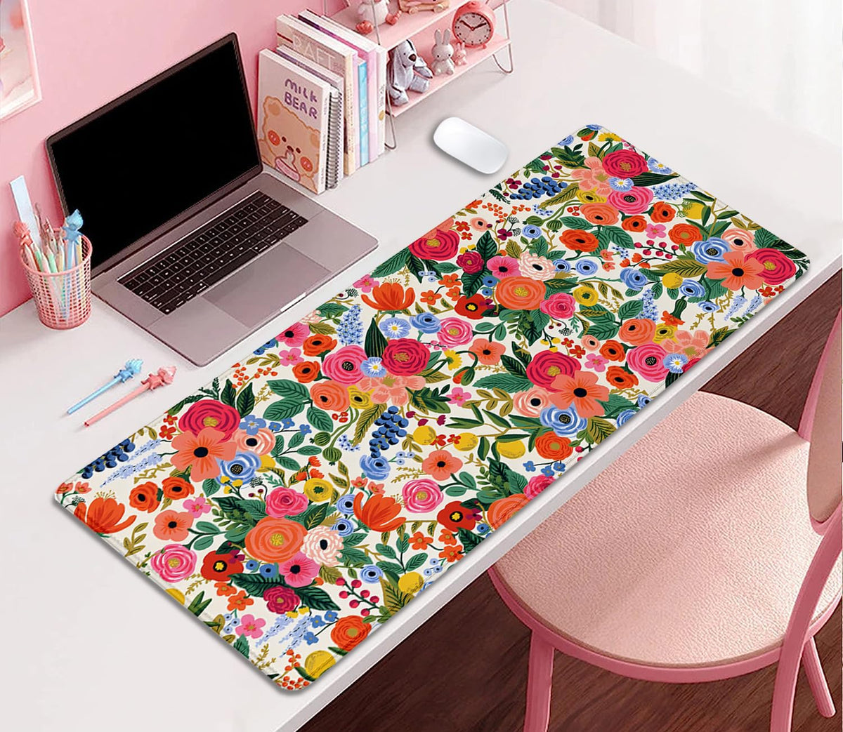 Garden Party Extended Desk Pad Flowers Mouse Pad,Gaming Desk Pad with Stitched Edges Non-Slip