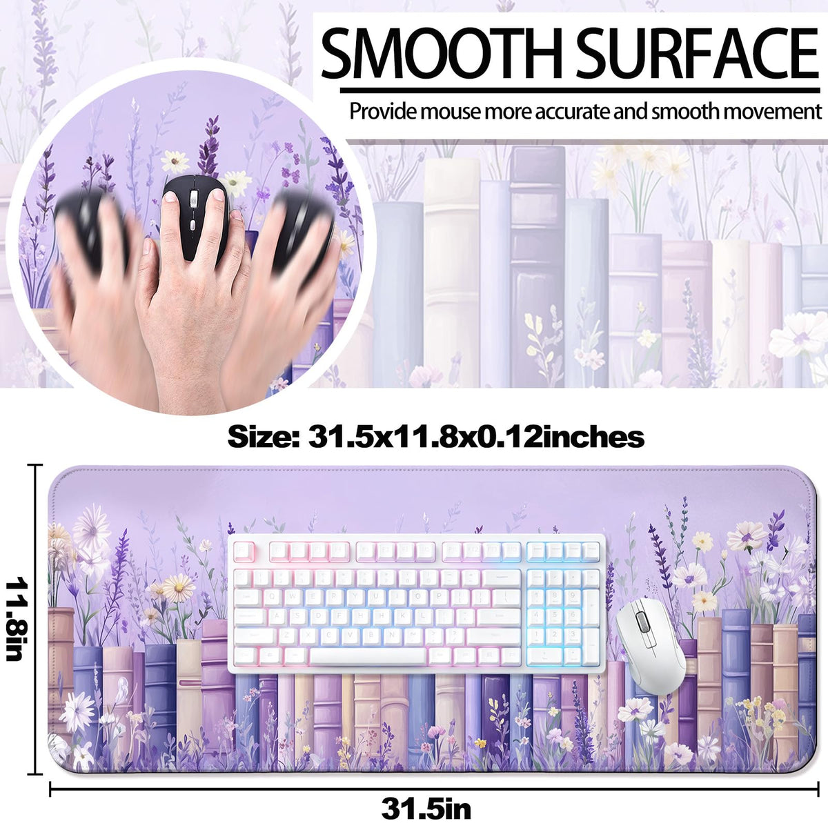 JIANG100 Pretty Wildflower and Book Gaming Desk Mat & Mouse Pad, Purple, XL