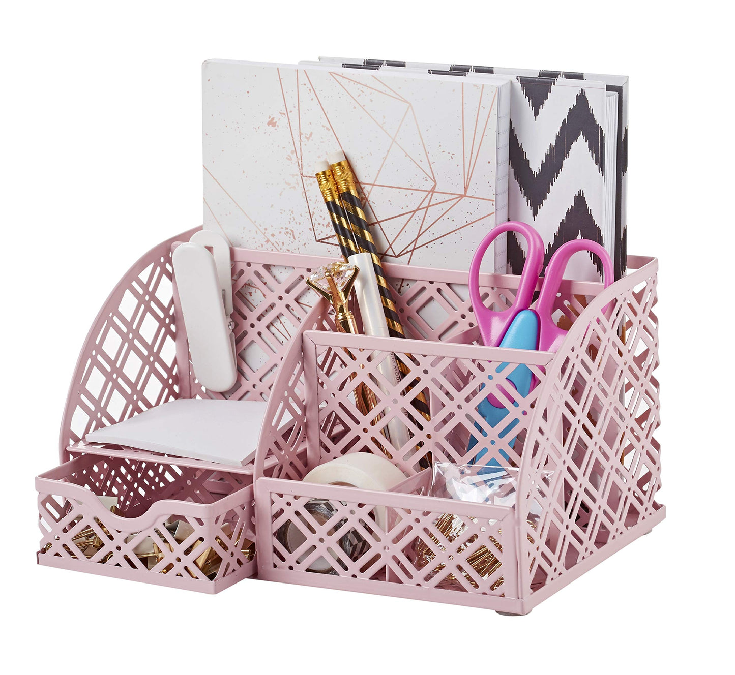 Exerz Mesh Metal Desk Organizer with 7 Compartments and Drawer Light Pink