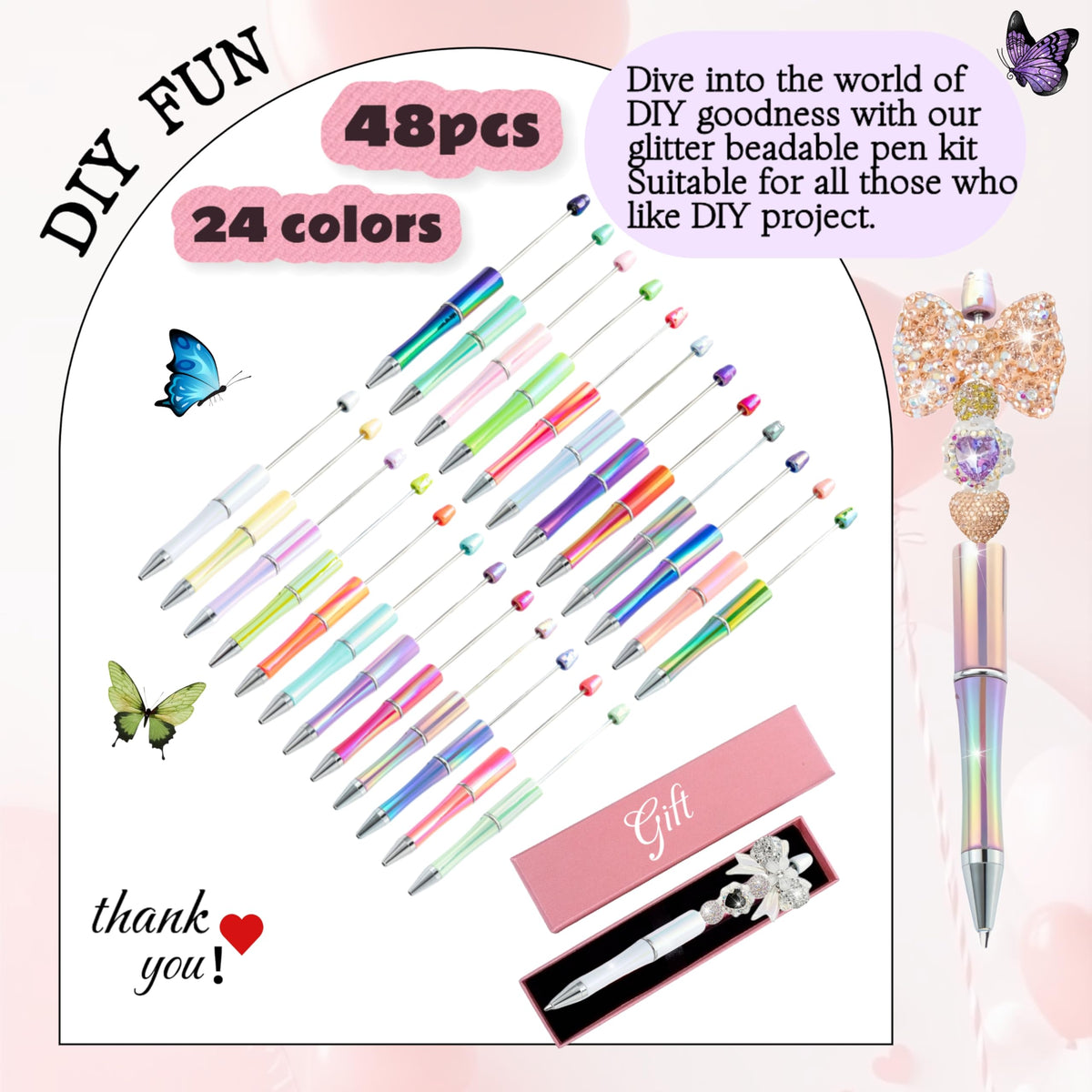 KUNHEHO Beadable Pen 48Pcs Gradient Colors Shiny Fancy Pens Bulk for Women Focal Beads Pen