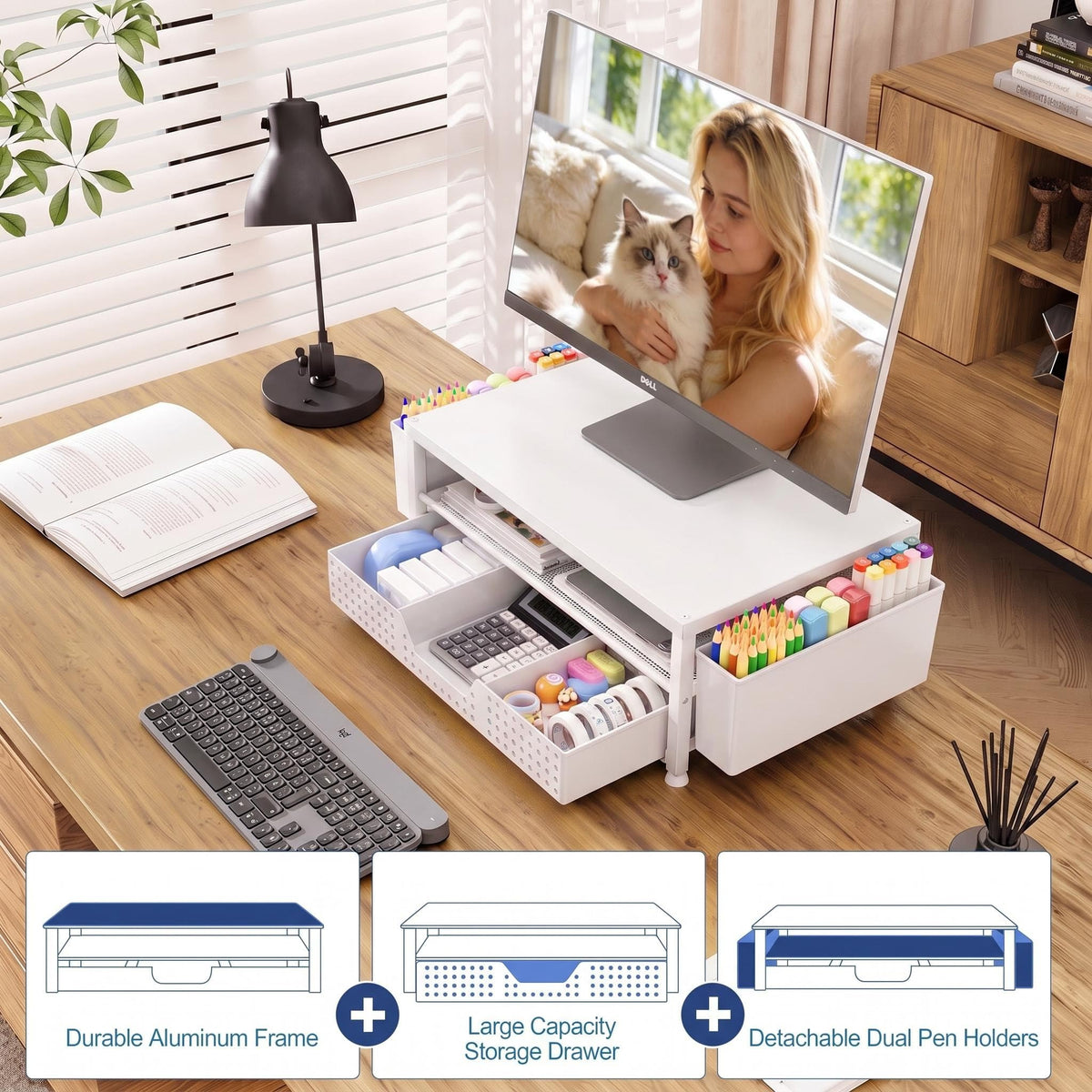 OPNICE Desk Organizers and Accessories, Computer Monitor Stand Riser with Drawer and 2 Pen Holders