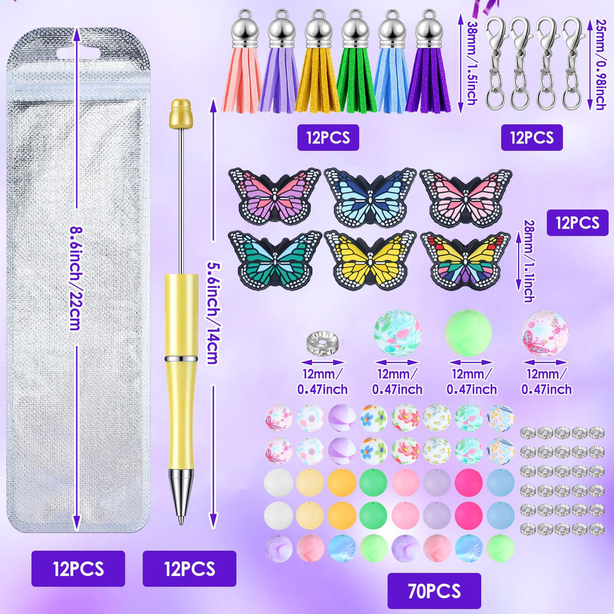 Qeeenar 130 Pcs Beadable Pens Kit Butterfly Bead Plastic Ballpoint Pen