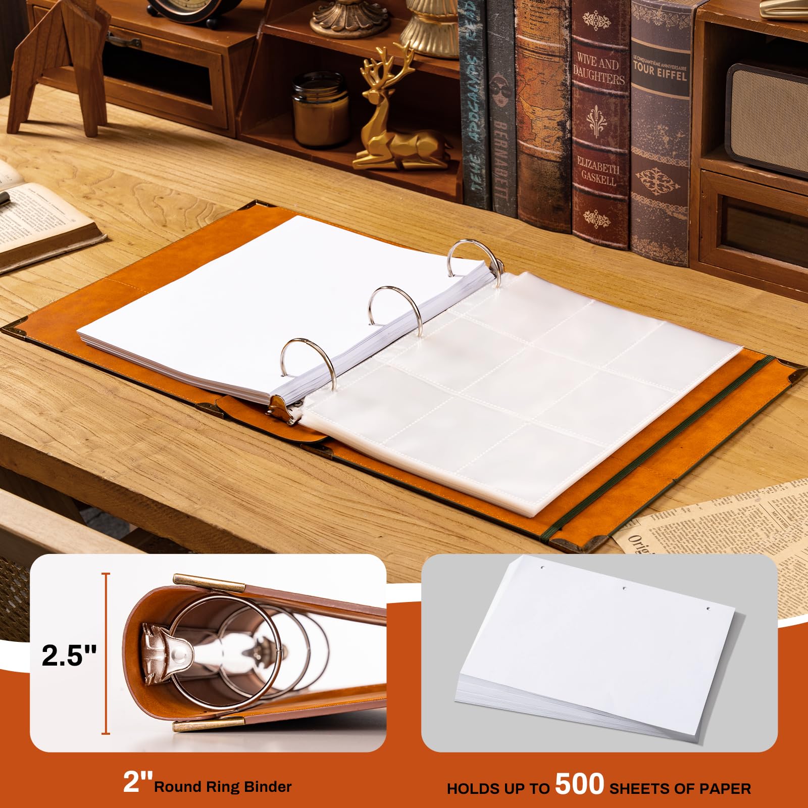 Ovesmusl PU Leather 3 Ring Binder 2 Inch Fits 8.5"x11" Letter Size Paper