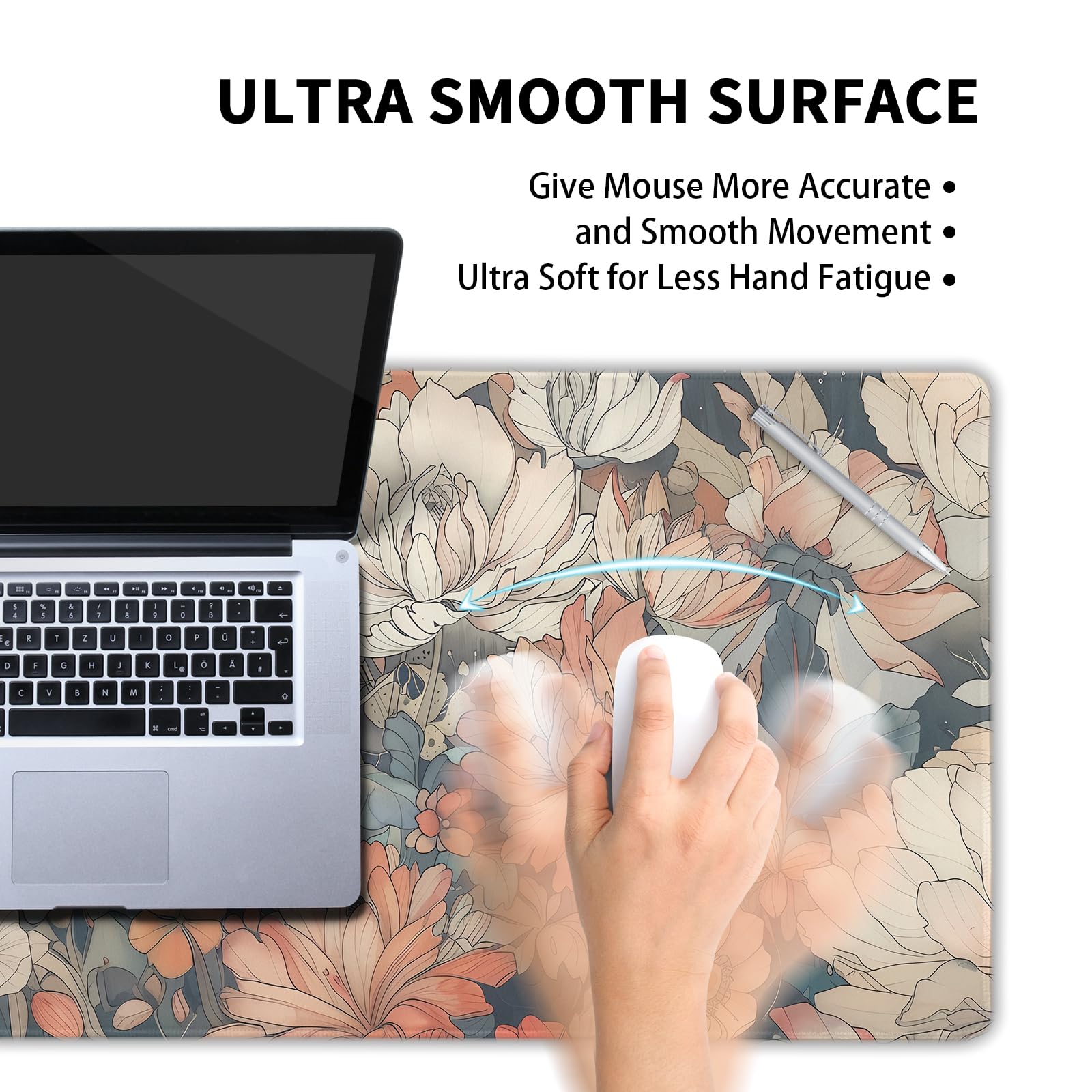 Japanese Floral Mouse Pad XXL 35.4 X 15.7 Inch Minimalist Aesthetic Art White Coral Pink Flower