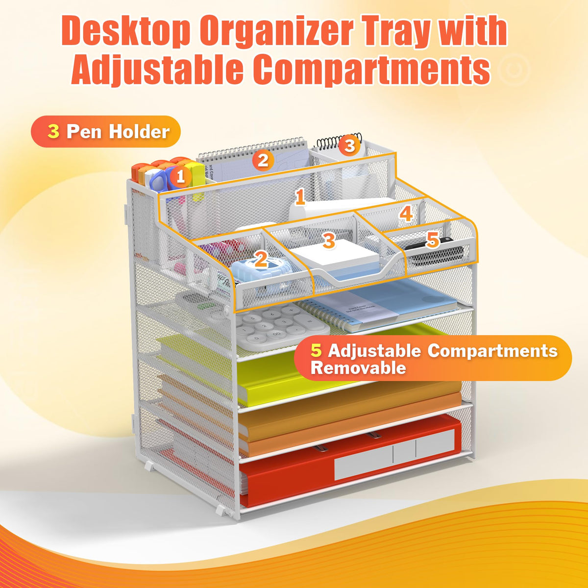 Docnest 5 Tier Mesh Desk Organizer with Letter Tray & Paper Sorter, White