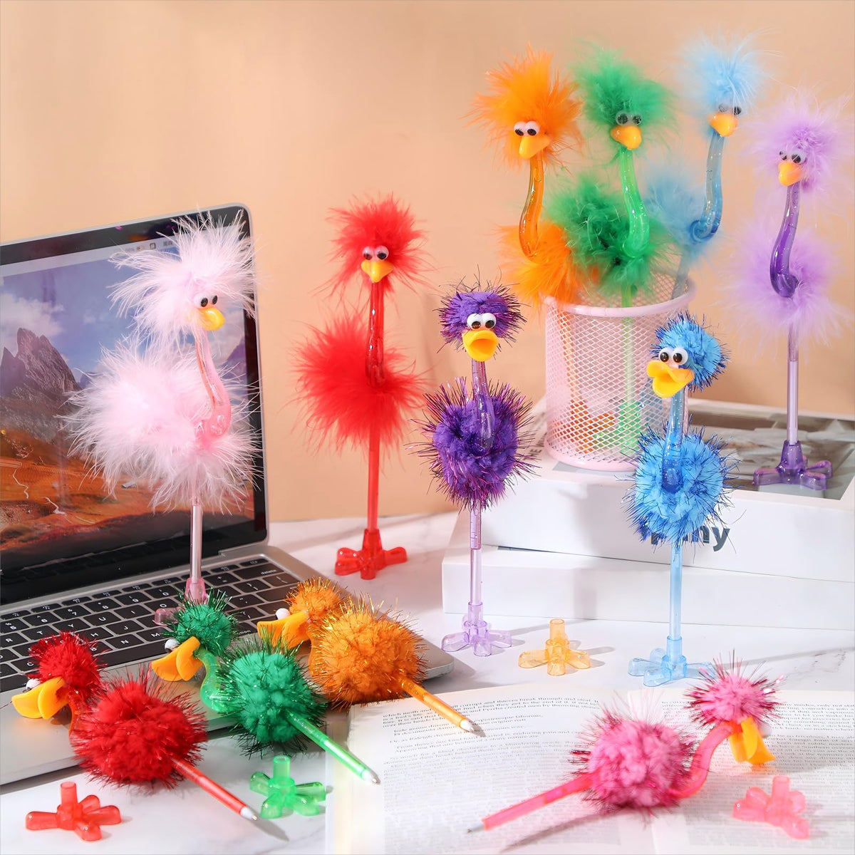 Tinlade 24pcs Fun Flamingo Ostrich Pens Fluffy Fuzzy Novelty Pen, Blue Ink