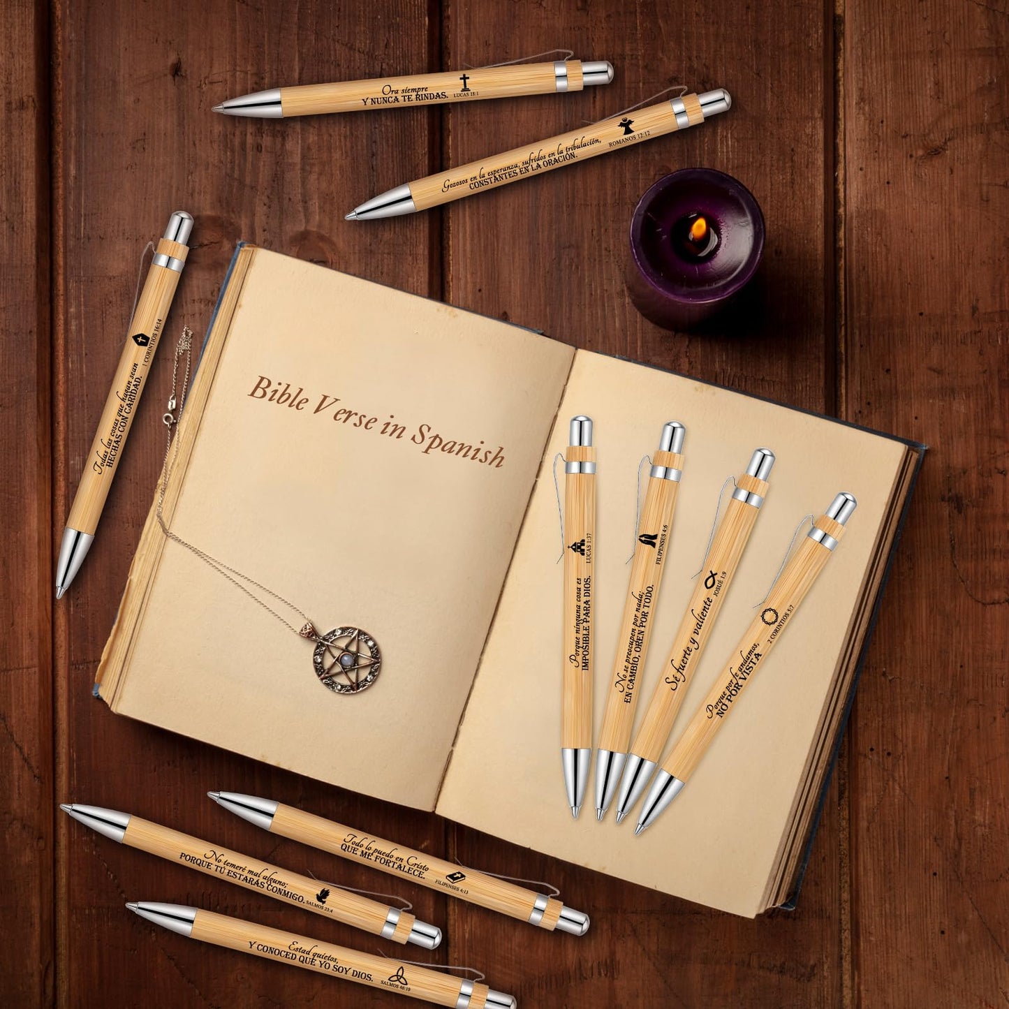 Fumete 50 Pcs Bible Verse Bamboo Pens Bulk, Natural, Spanish