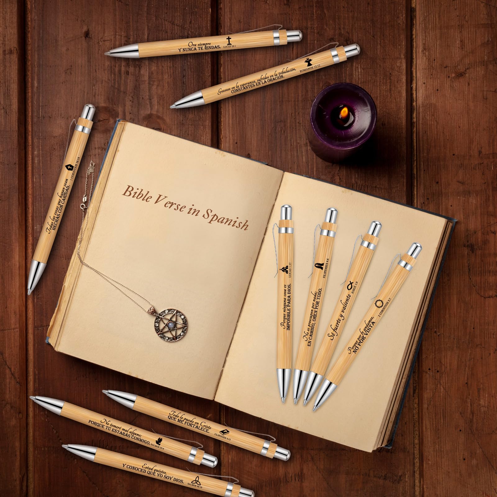 Fumete 50 Pcs Bible Verse Bamboo Pens Bulk, Natural, Spanish