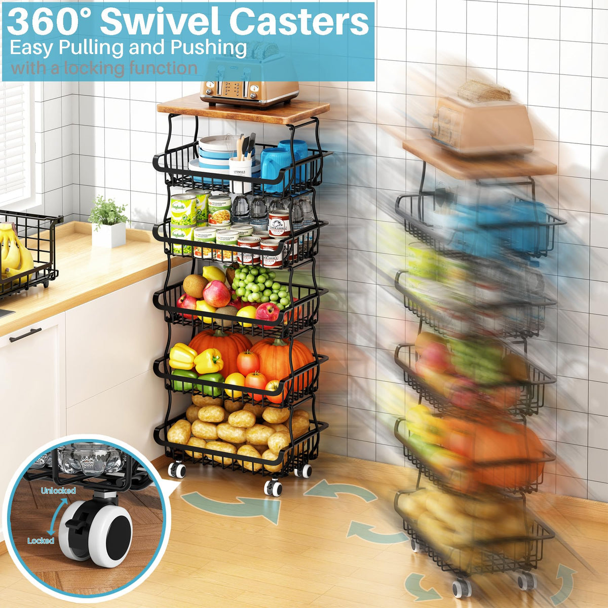 6 Tier Pantry Organizers and Storage Vegetable Fruit Basket for Kitchen, Stackable Flexible Design