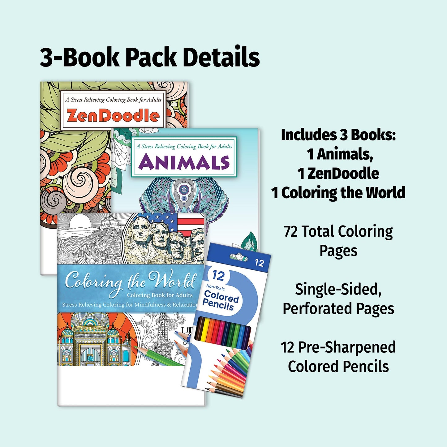 ZOCO - Adult Coloring Book Gift Set - 3 Books with 12 Colored Pencils - Coloring the World, Animals