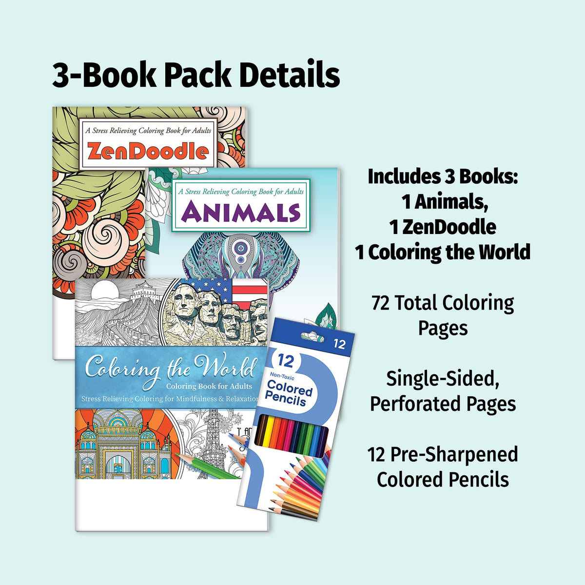 ZOCO - Adult Coloring Book Gift Set - 3 Books with 12 Colored Pencils - Coloring the World, Animals