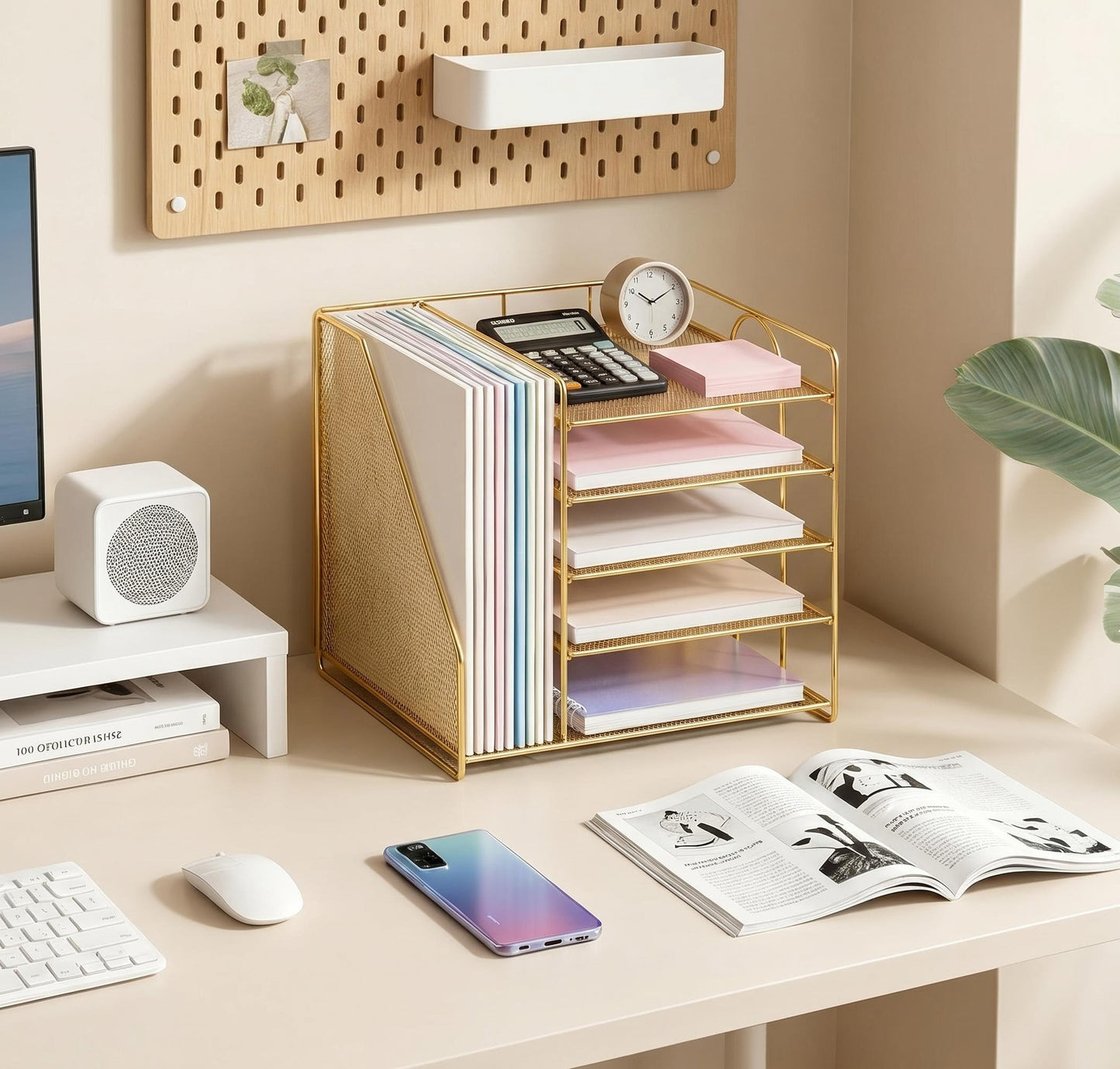 OPNICE Desk Organizer, 5-Tier Paper Organizer Letter Tray, Gold